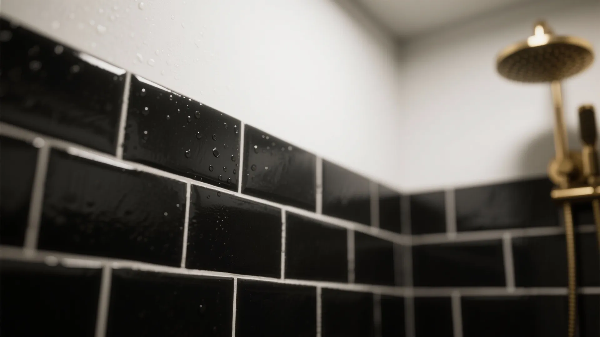 Close-up of matte black subway tiles with white grout and a brass fixture blur.