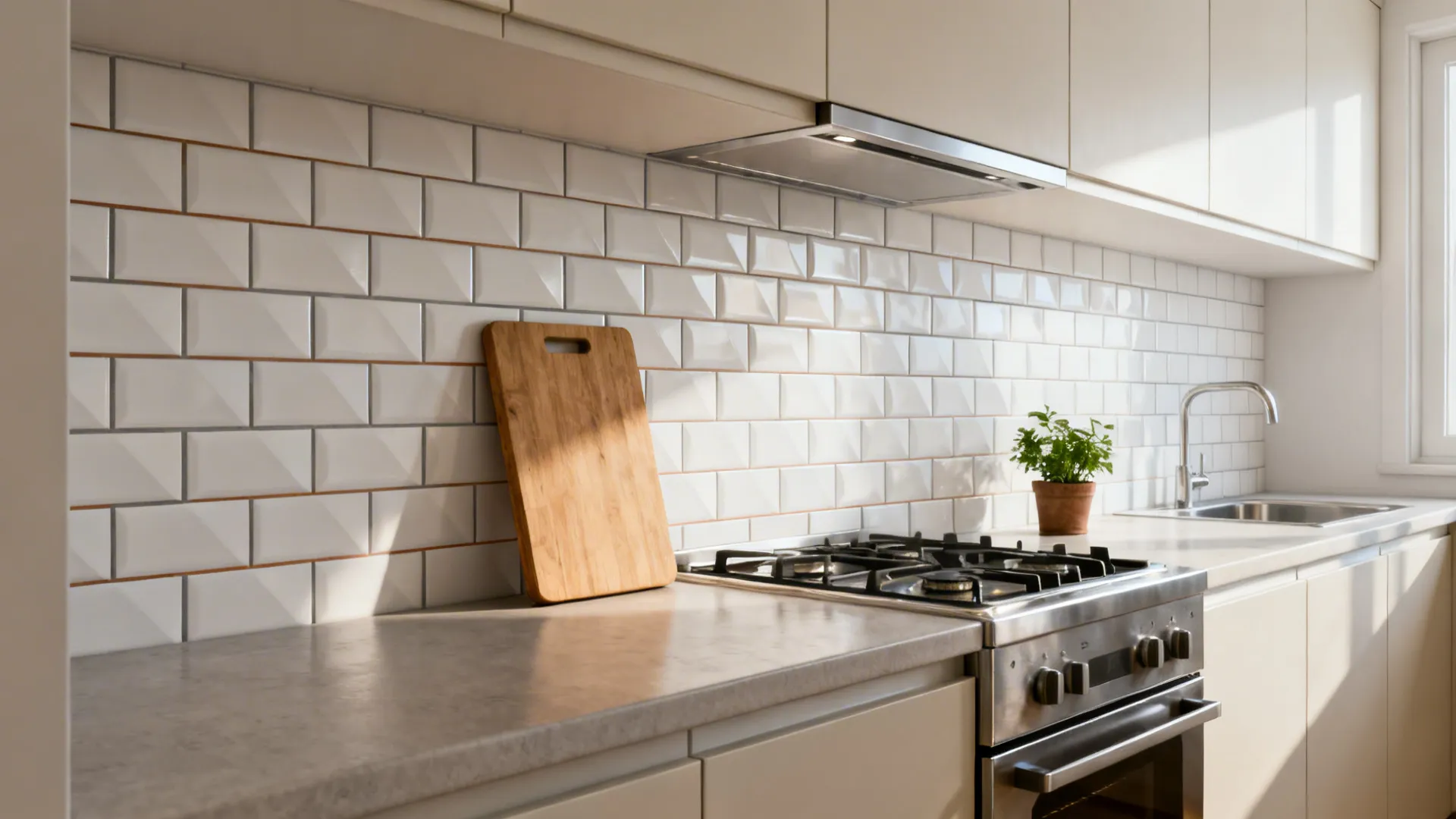 Matte white subway tile backsplash with thin warm gray grout in a narrow galley kitchen.