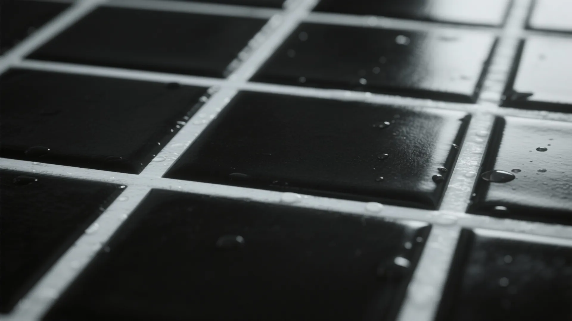 Close up view of black square wall tiles with white grout lines and water droplets