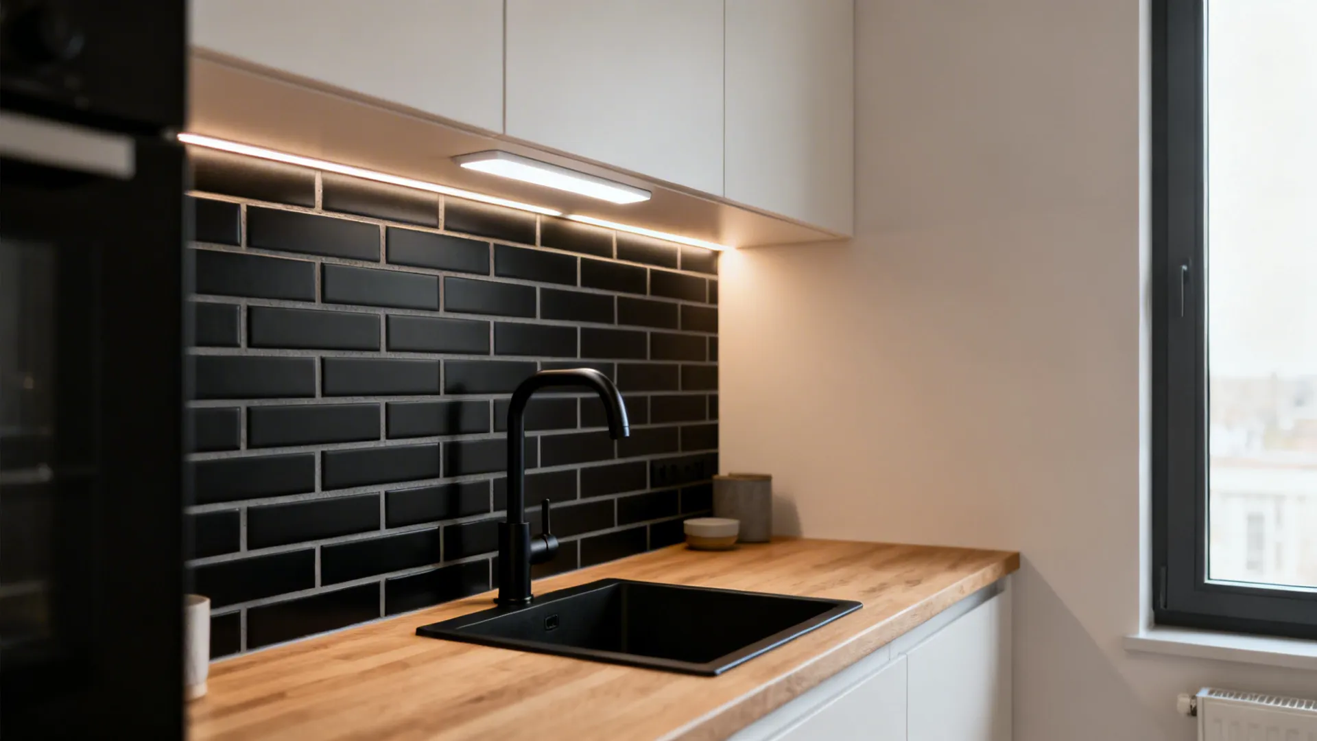 Matte black subway tile backsplash with light gray grout and warm under-cabinet LEDs.