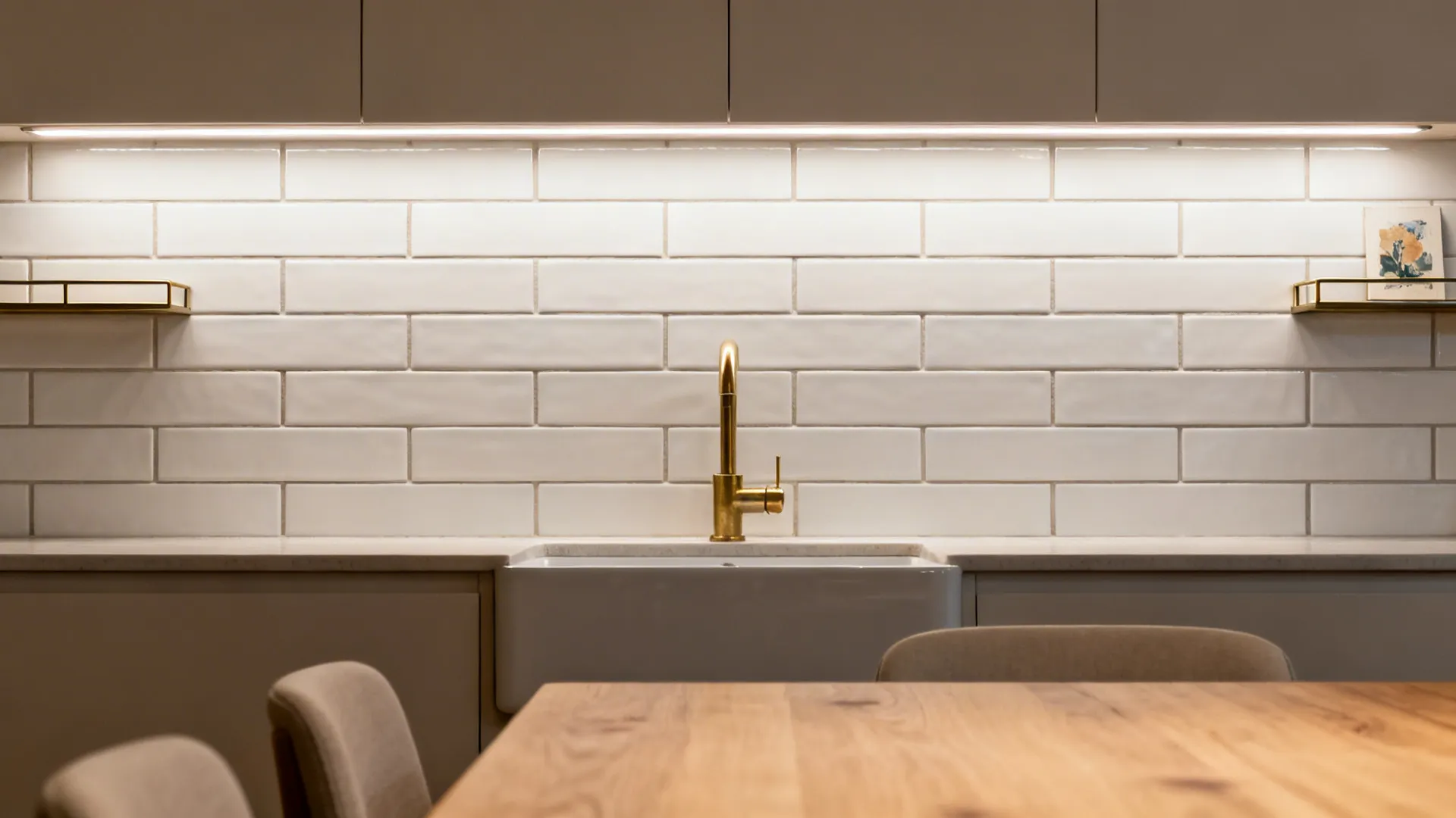 Dining room basin wall with matte 2x6 white subway tiles and slim grout, brass faucet, warm light.