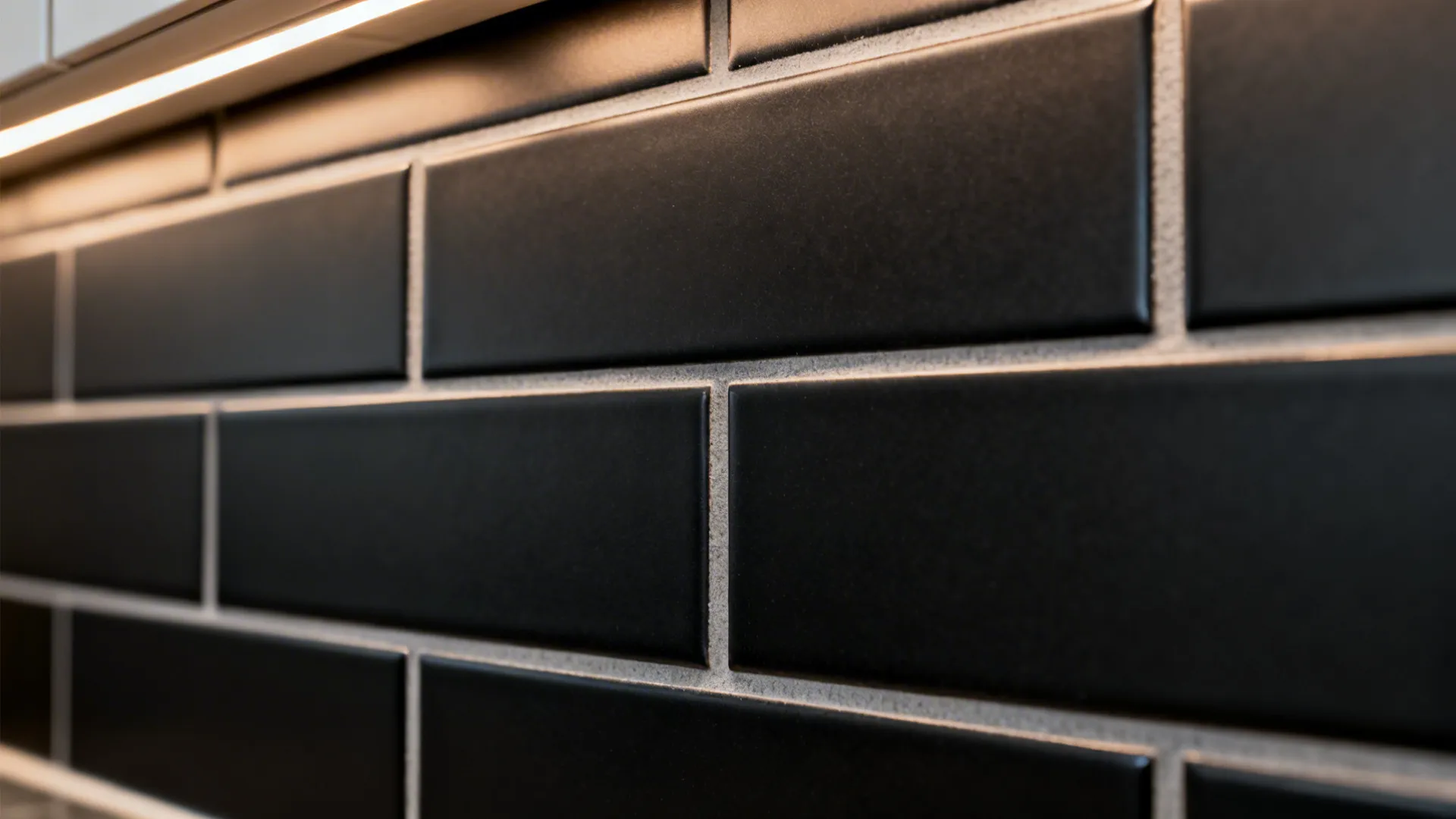 Close-up of matte black subway tiles with neat light gray grout lines.