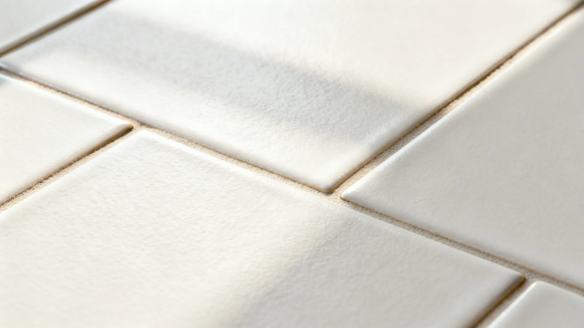 Macro of matte subway tiles with subtle texture and contrasting grout in warm white.