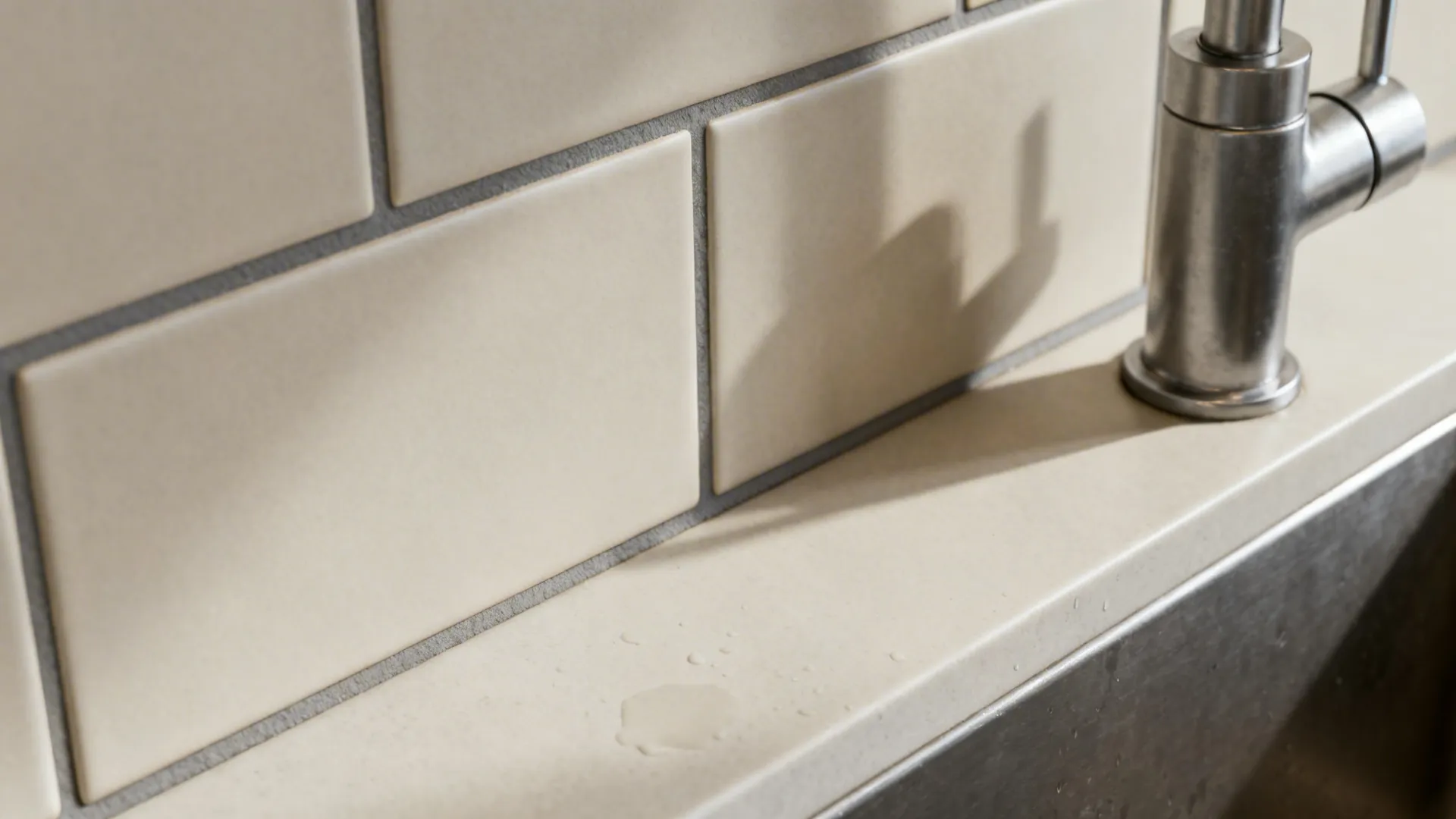 Macro of matte subway tile with tight gray grout near a kitchen sink.