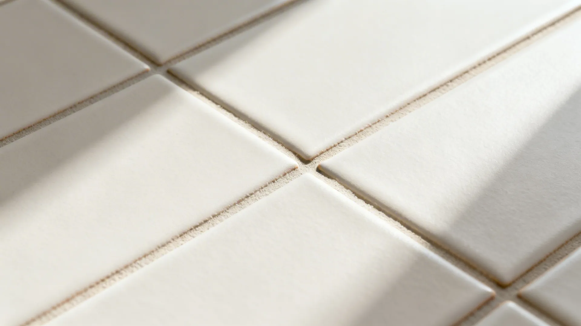 Macro detail of matte subway tiles with tight 1.5 mm grout showing low-sheen texture.