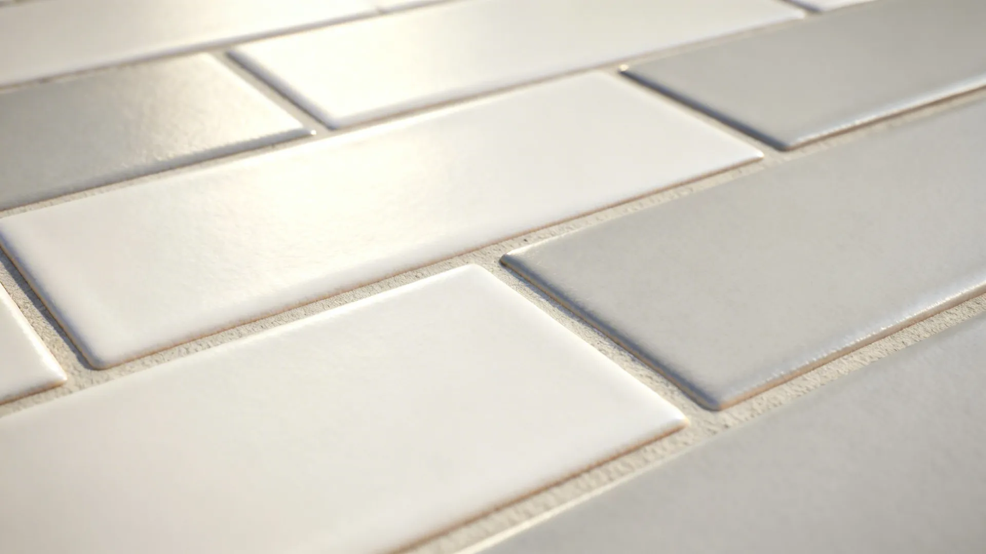 Macro of matte porcelain subway tiles with precise mid-tone grout lines.