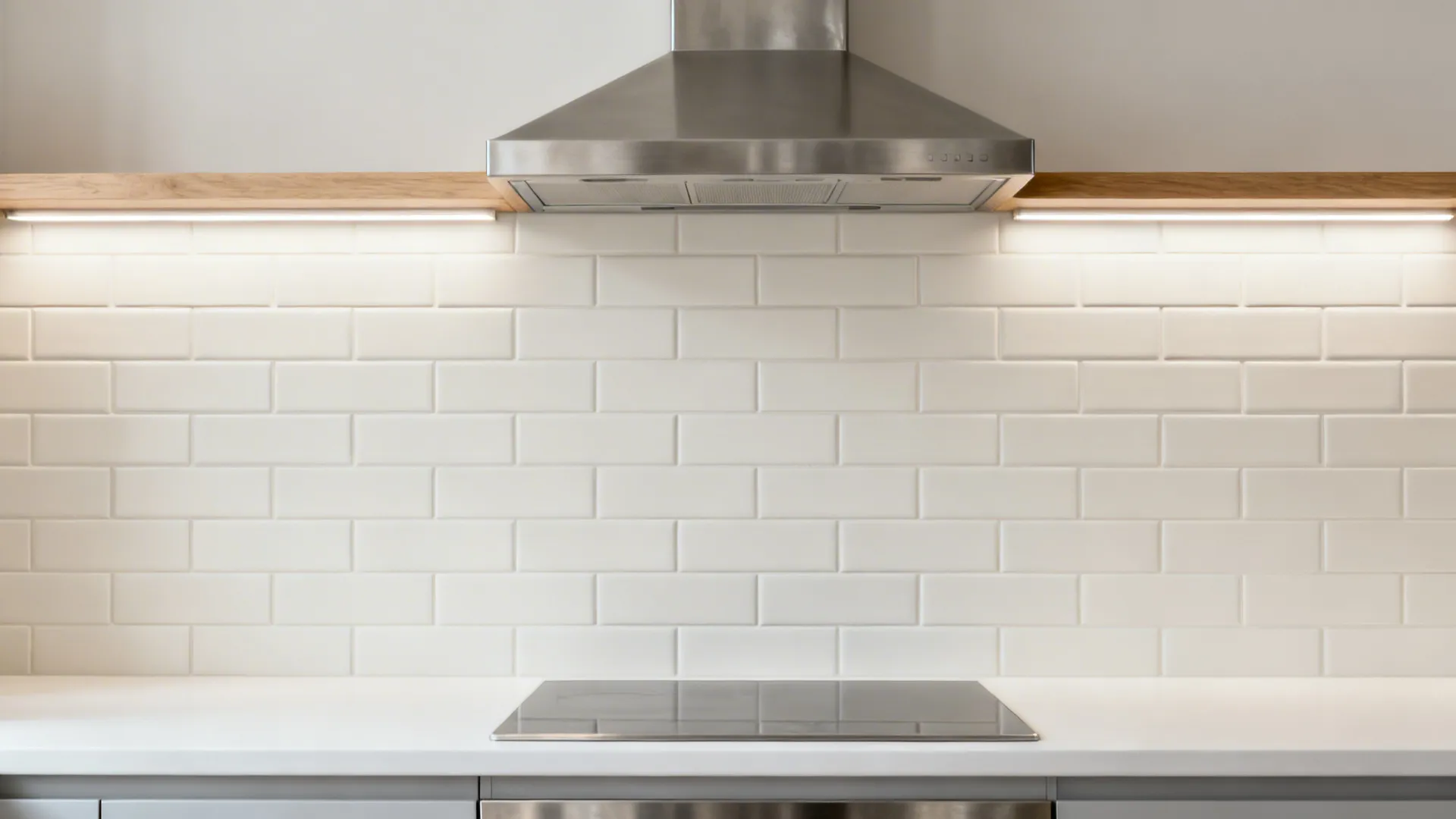 Matte off-white 2x8 subway tiles in a stack bond with tight grout in a compact kitchen.
