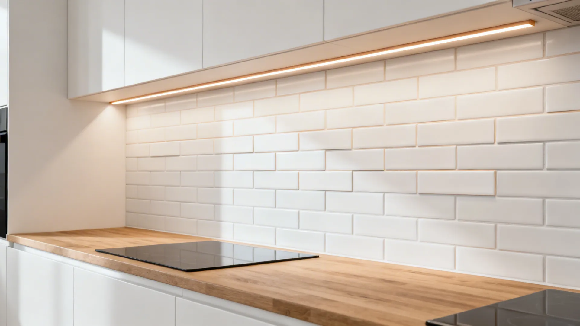 Matte white subway tiles in a 30–40% offset pattern with tight grout in a small galley kitchen.