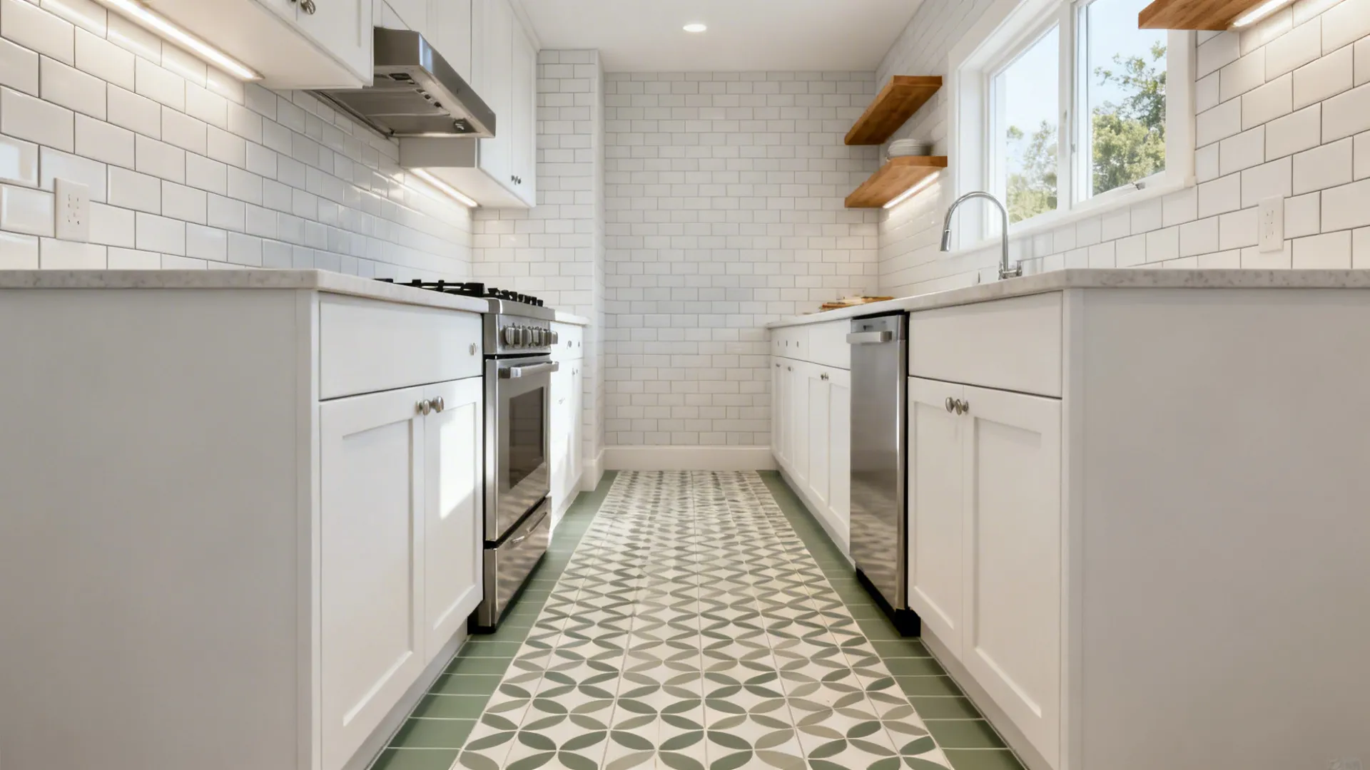 Narrow galley with matte white subway backsplash and mid-scale patterned porcelain floor elongating the space.