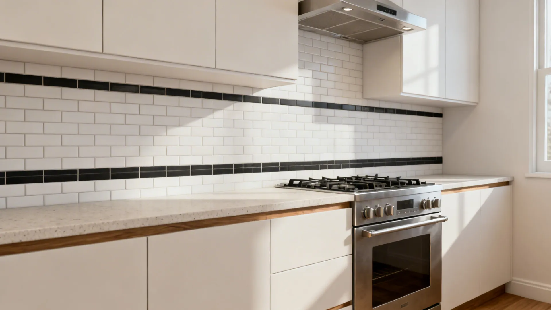 Matte white subway tile accent band with charcoal grout neatly framing a cooktop in a small kitchen.
