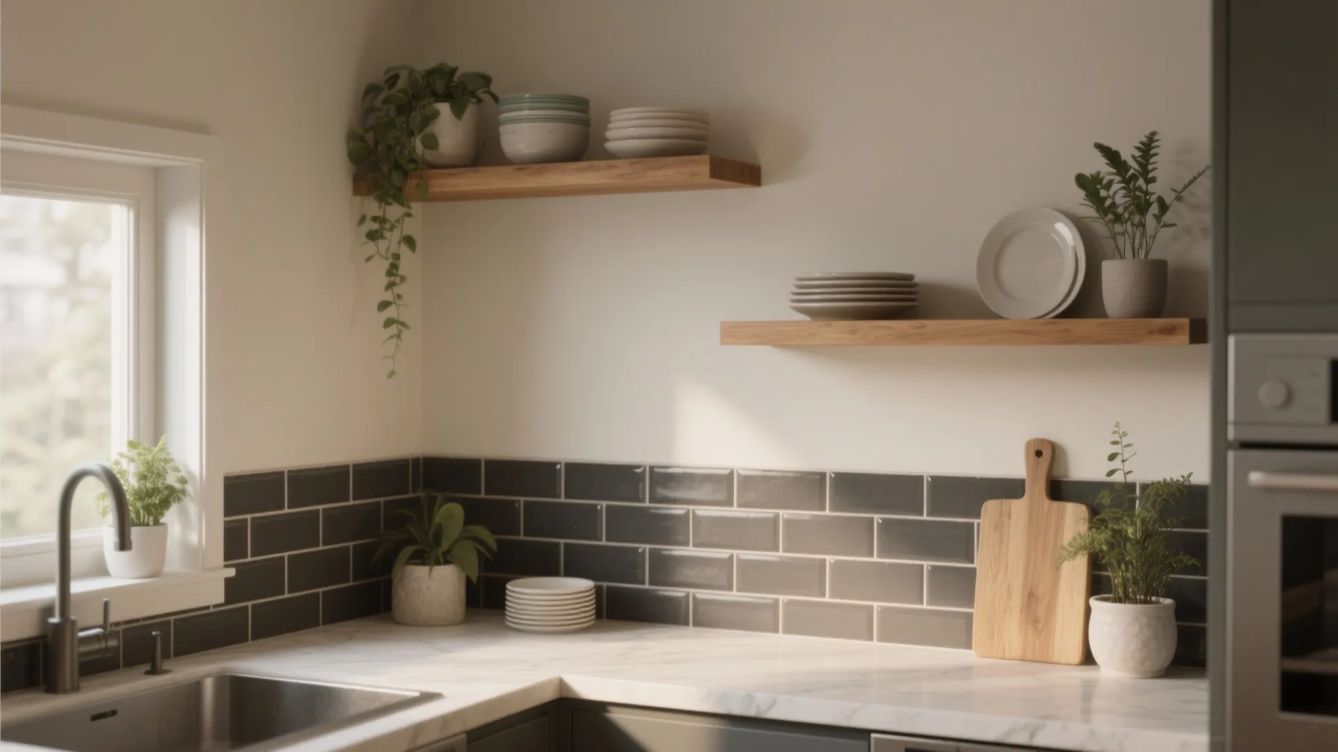2. Matte subway tile with contrasting grout and open shelving