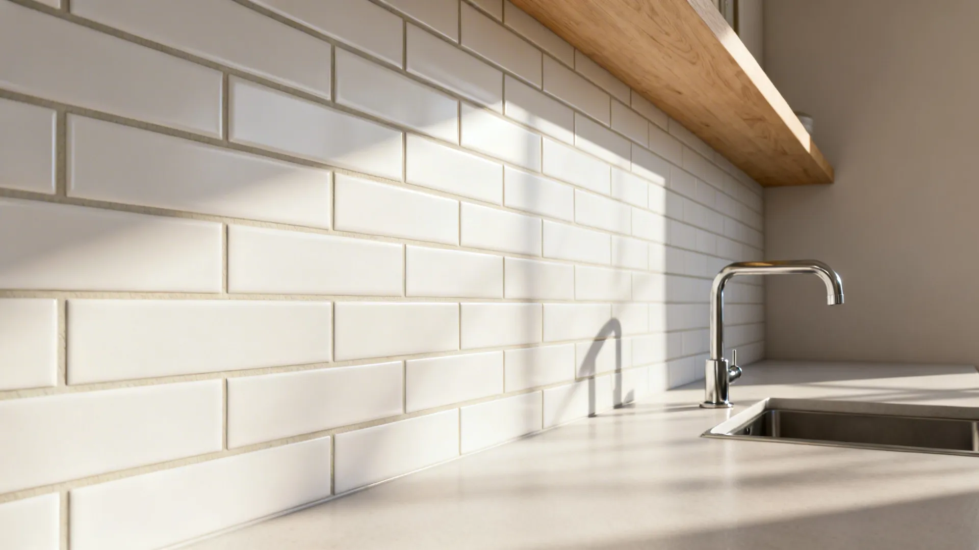 Matte 2x8 subway tile backsplash with slim color-matched grout in a narrow galley kitchen.