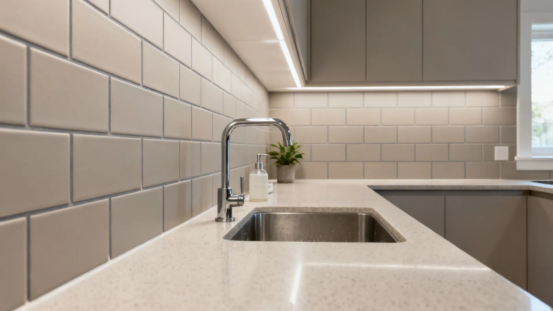 Muted matte subway tile backsplash with slim gray grout behind a compact kitchen sink.