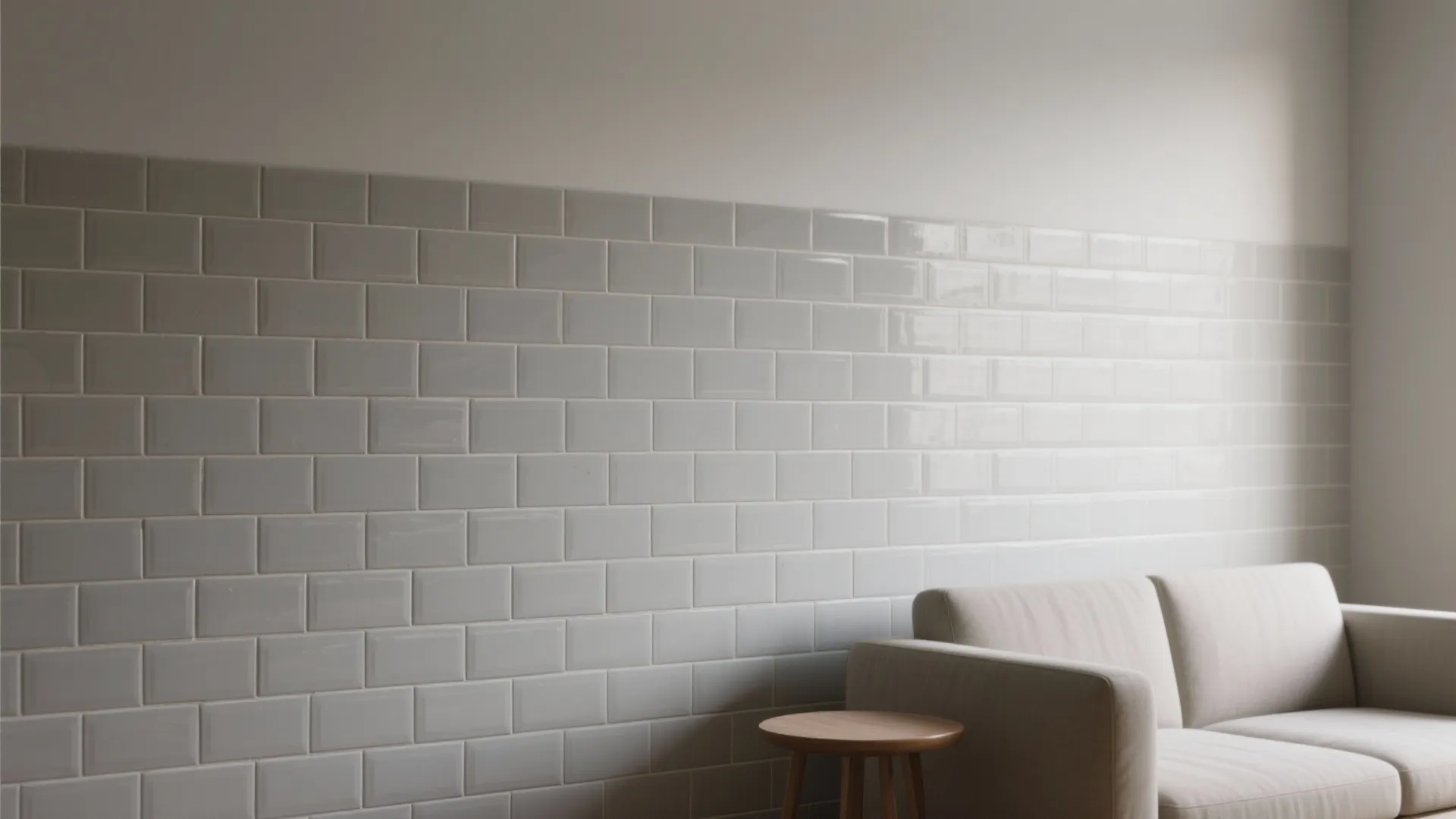 Matte subway tiles in a staggered brick pattern on a living room accent wall