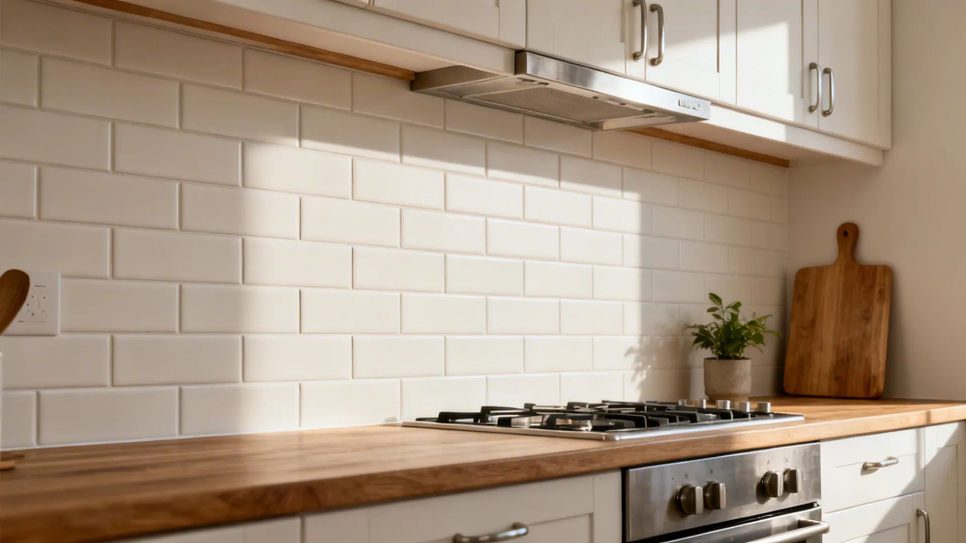 Soft white matte subway tile backsplash with tight grout lines in a small modern kitchen.