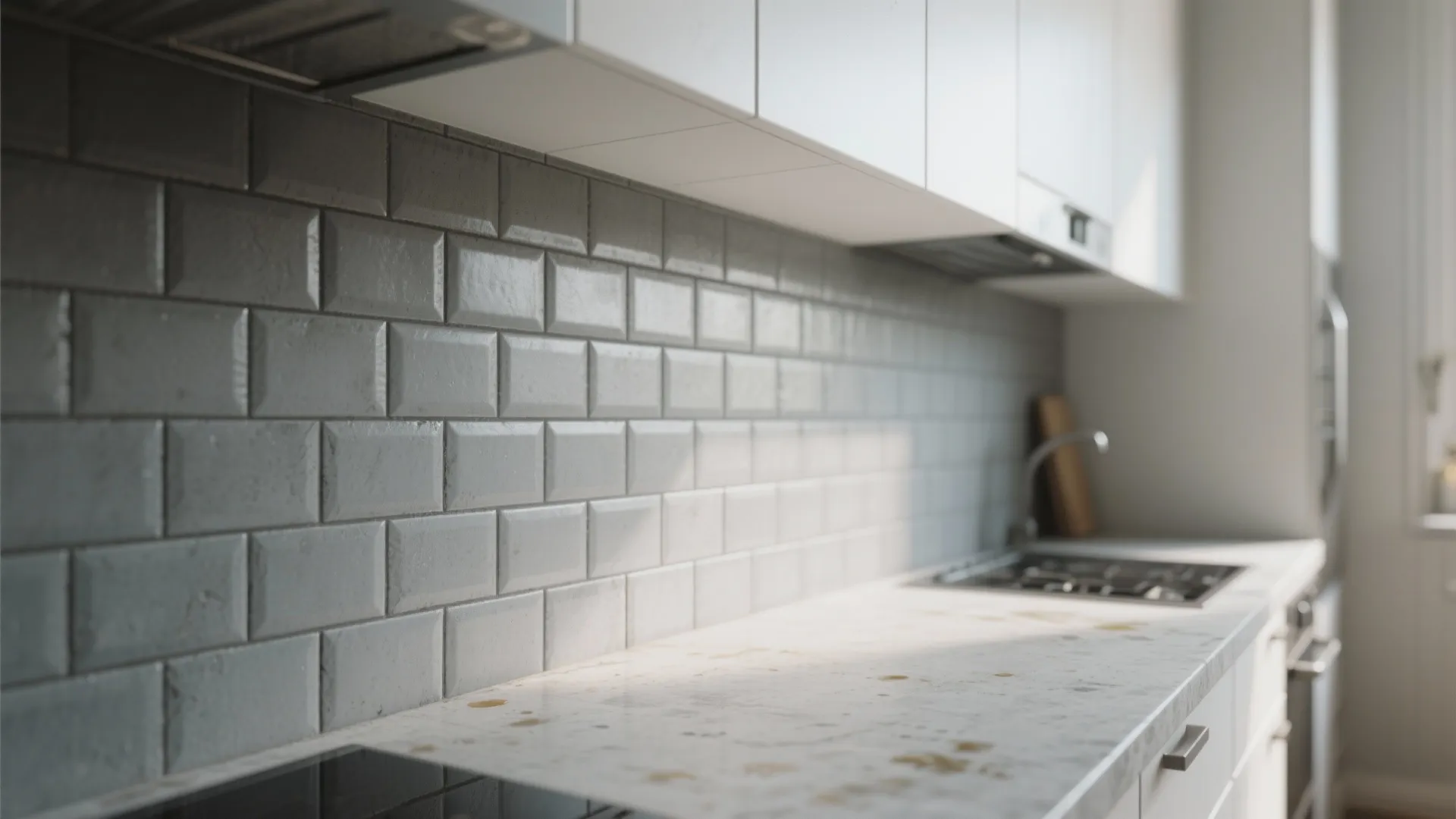 Close up of light grey brick wall tiles above a white marble countertop in kitchen