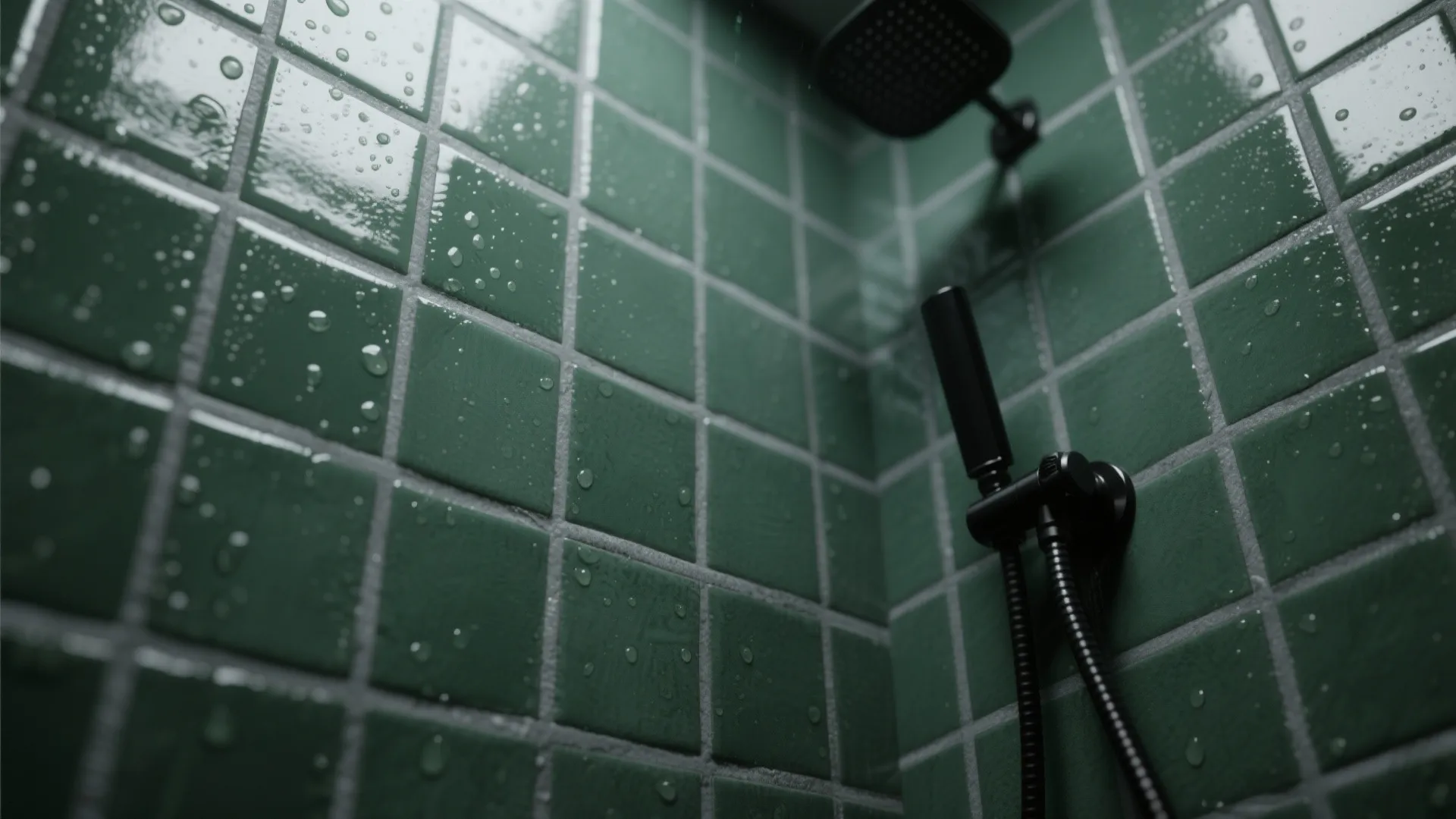Close up of green wall tiles with water drops in a shower with black shower