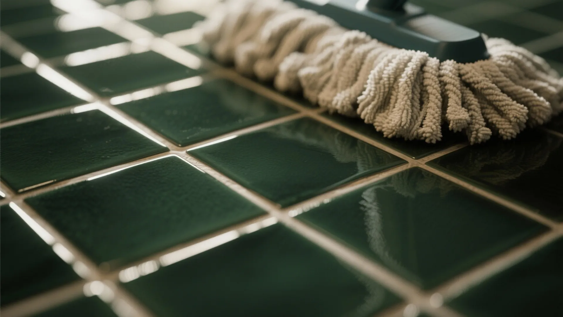 Close up of a cleaning mop head on glossy dark green tiles with white grout lines