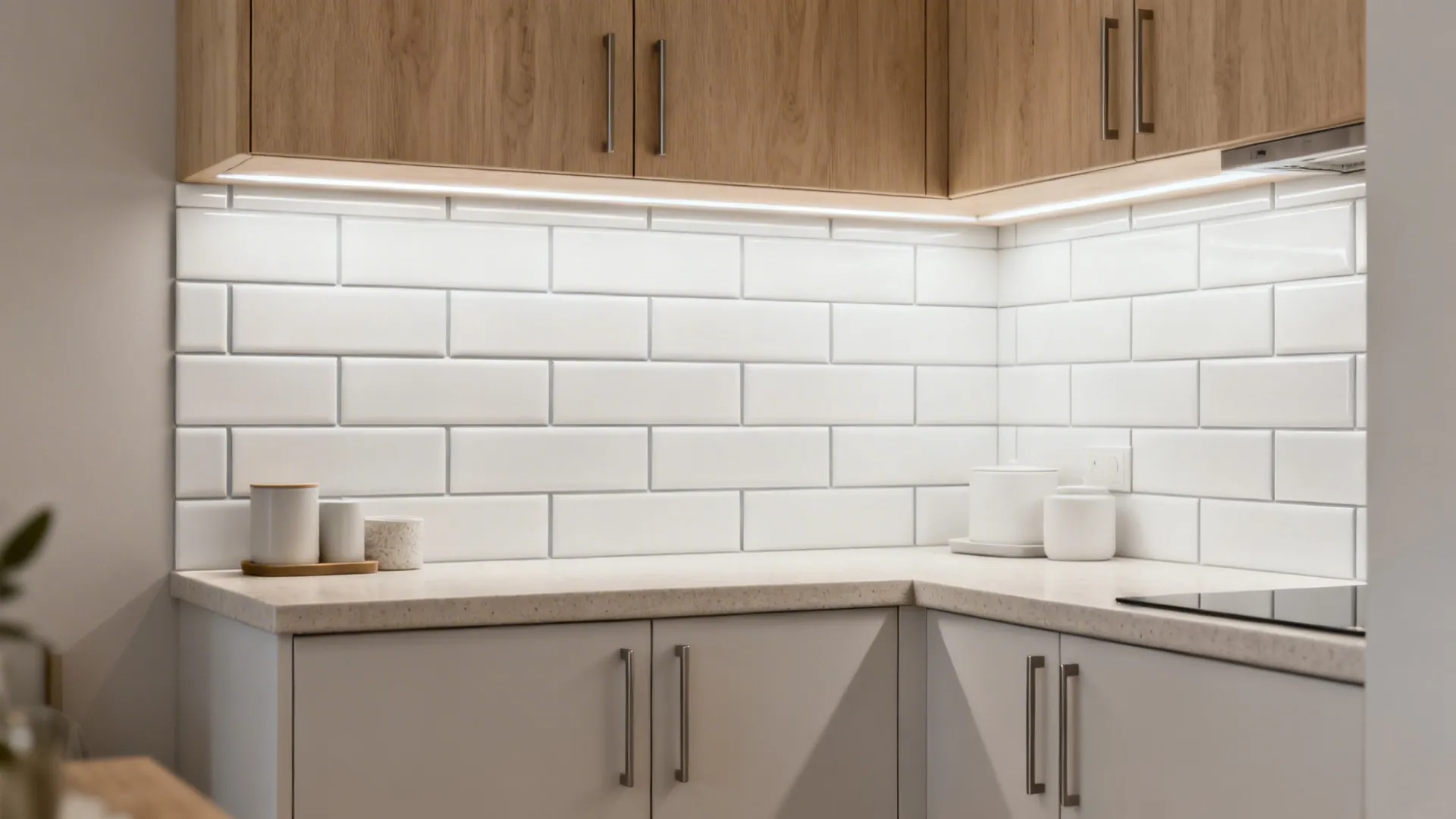 Matte white 3x12 ceramic subway tile backsplash with color-matched grout in a small kitchen.