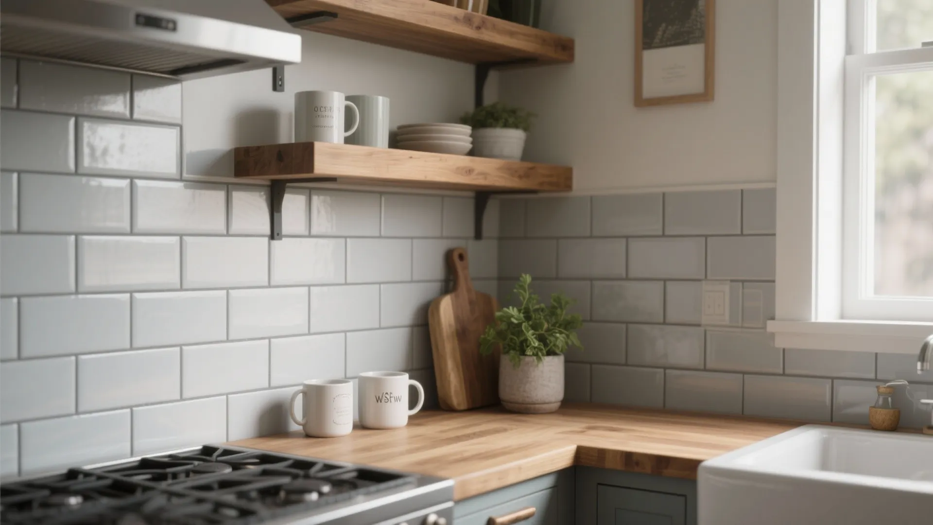 Modern kitchen with wood countertop light grey wall tiles wooden open shelves and white mugs