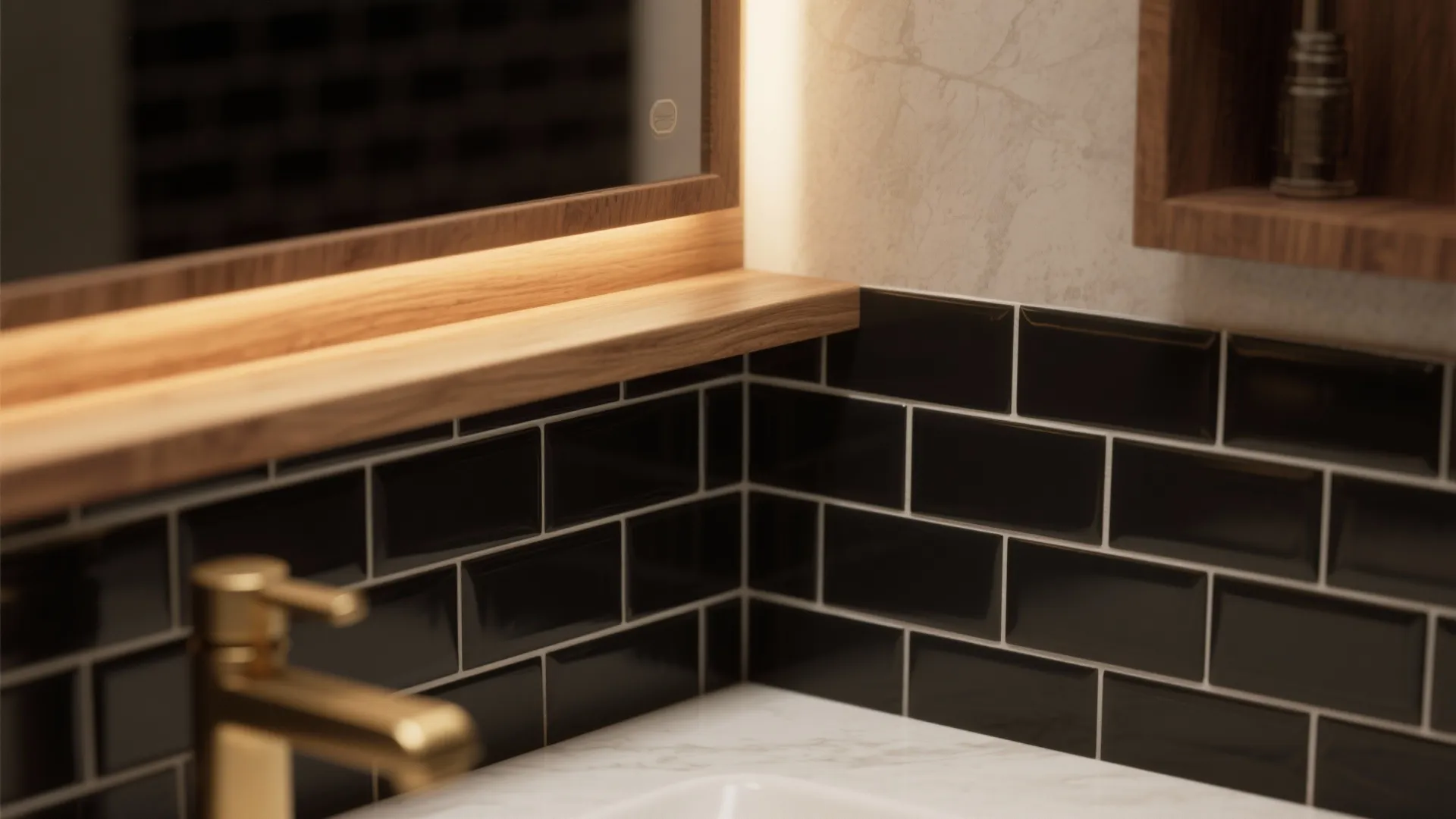 1. Matte subway tiles with warm wood accents