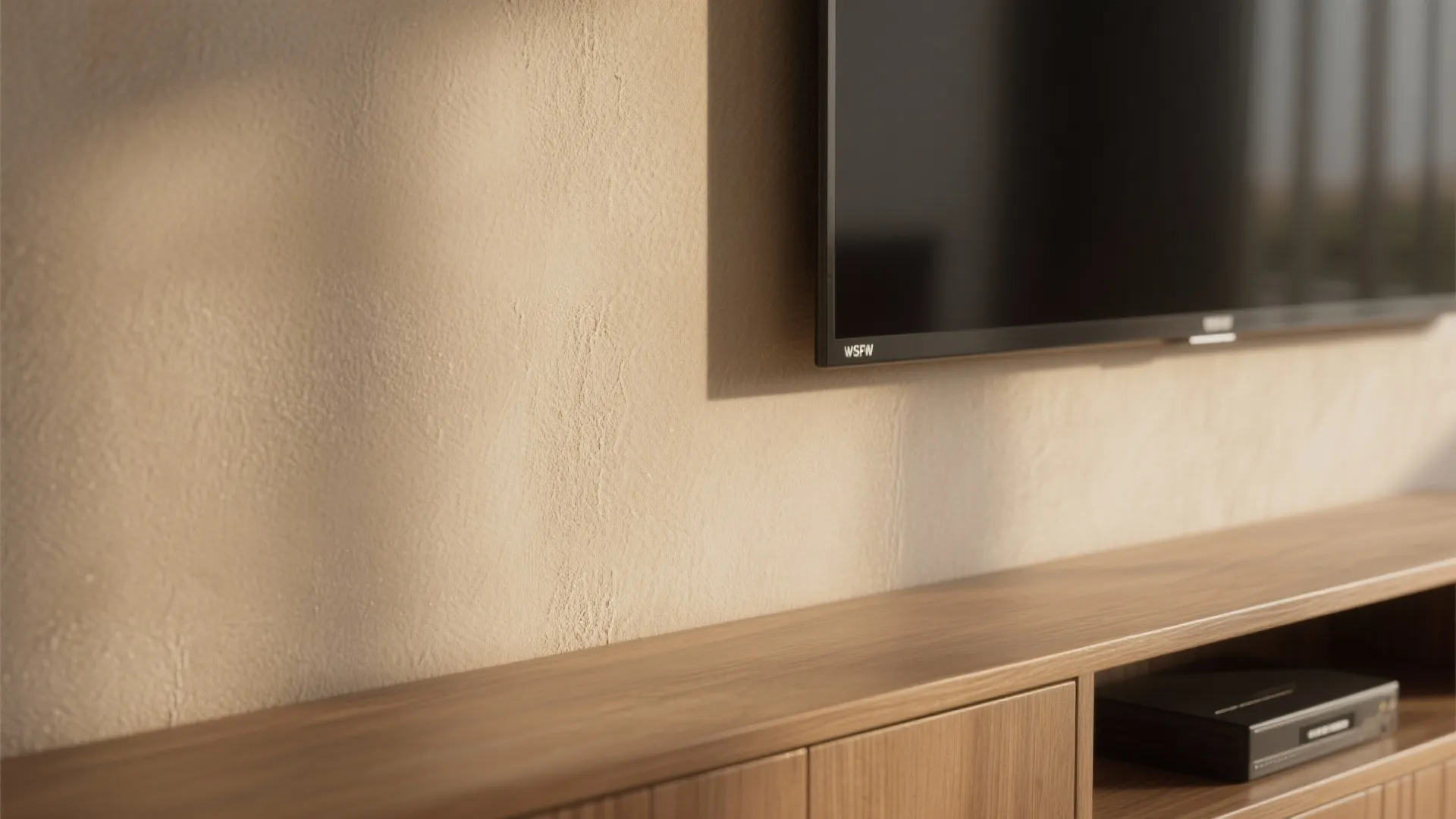Close up view of a textured beige wall behind a television and wooden storage cabinet unit