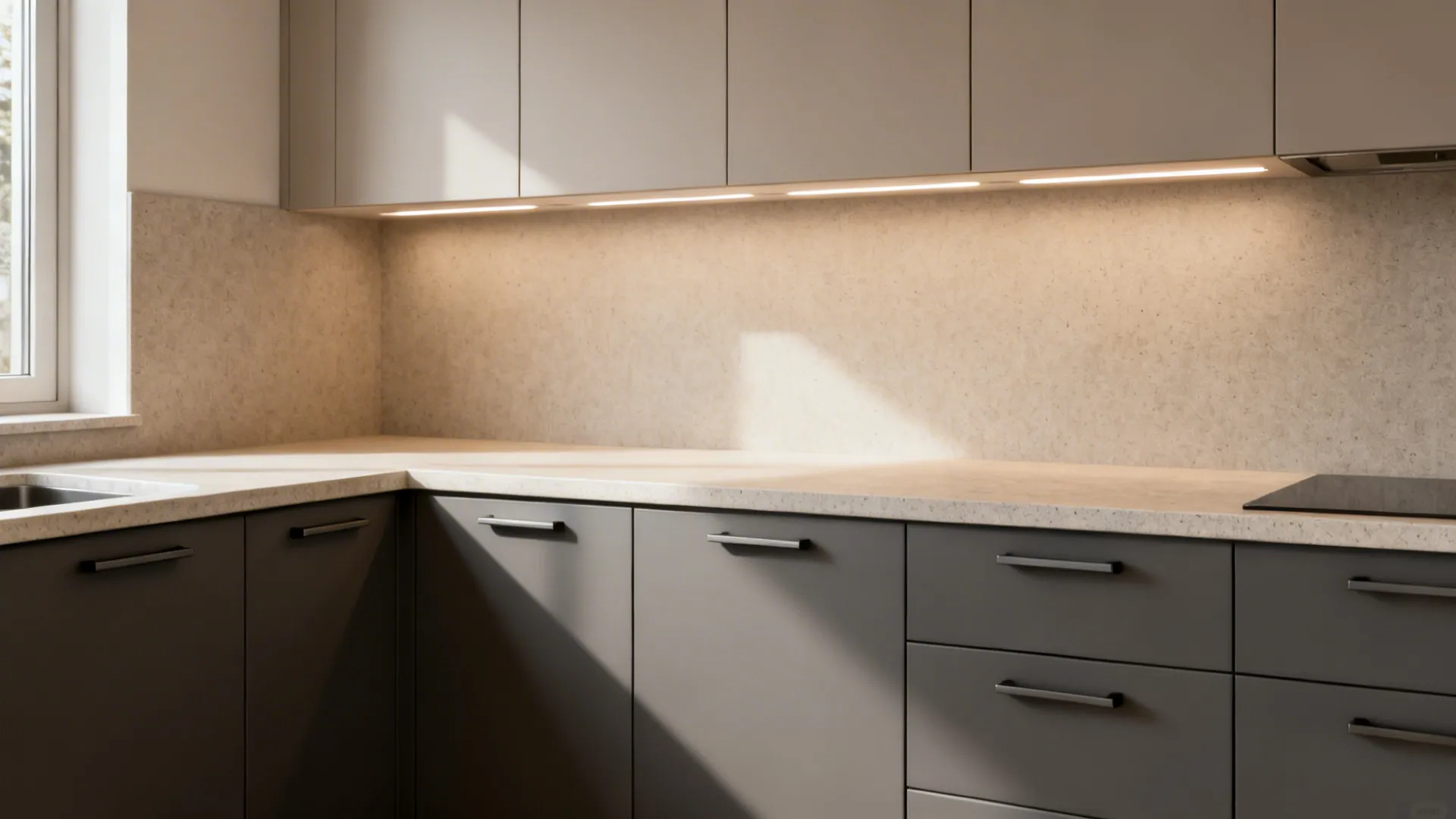 Small galley kitchen with deep-matte sunmica lower cabinets and satin uppers in soft daylight.