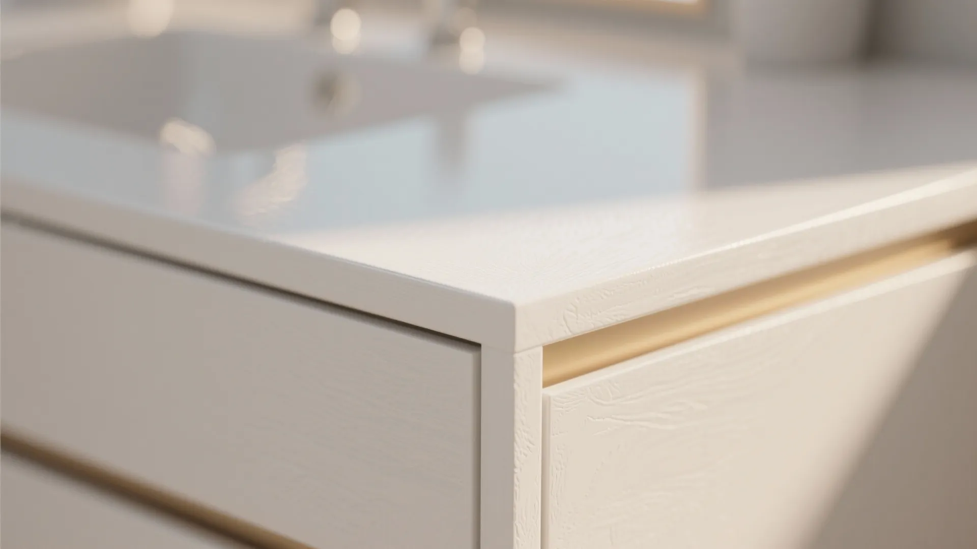 Macro of a matte white vanity surface showing painted texture and soft reflections