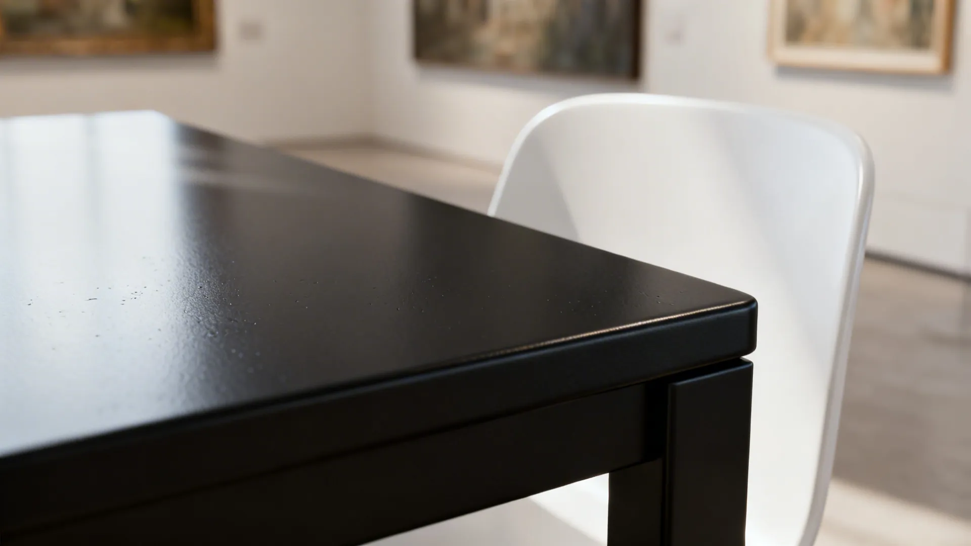 Macro of matte black tabletop texture beside a white chair back.