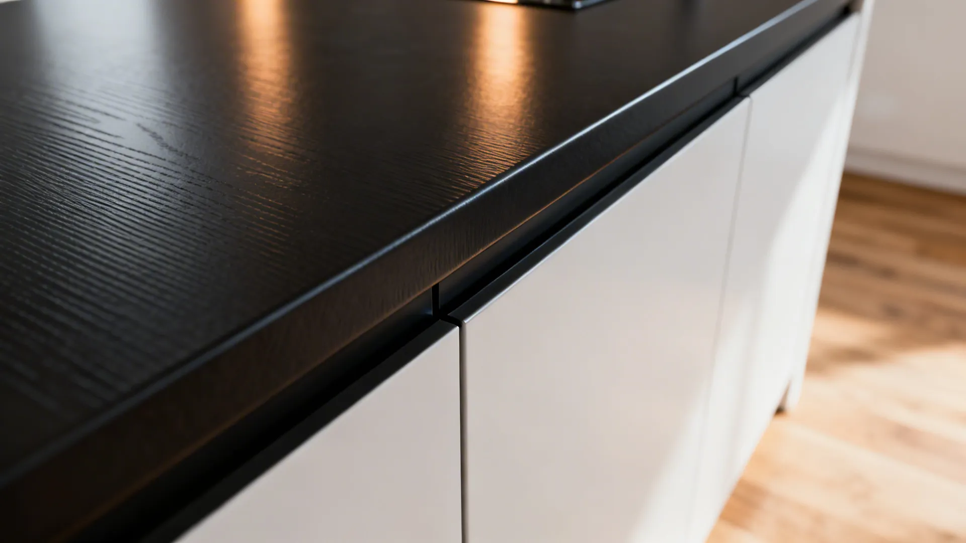 Macro of a fingerprint-resistant matte black island surface with handleless edge.