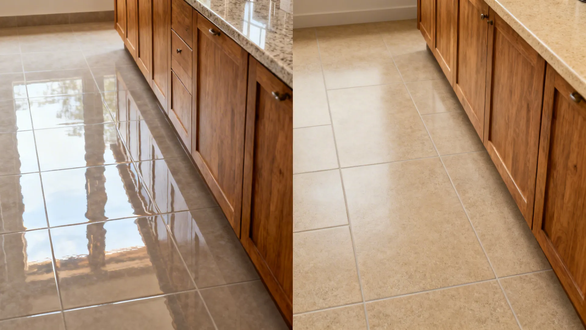 Split view comparing glossy surfaces with glare versus matte textured tile and honed counters with reduced glare.