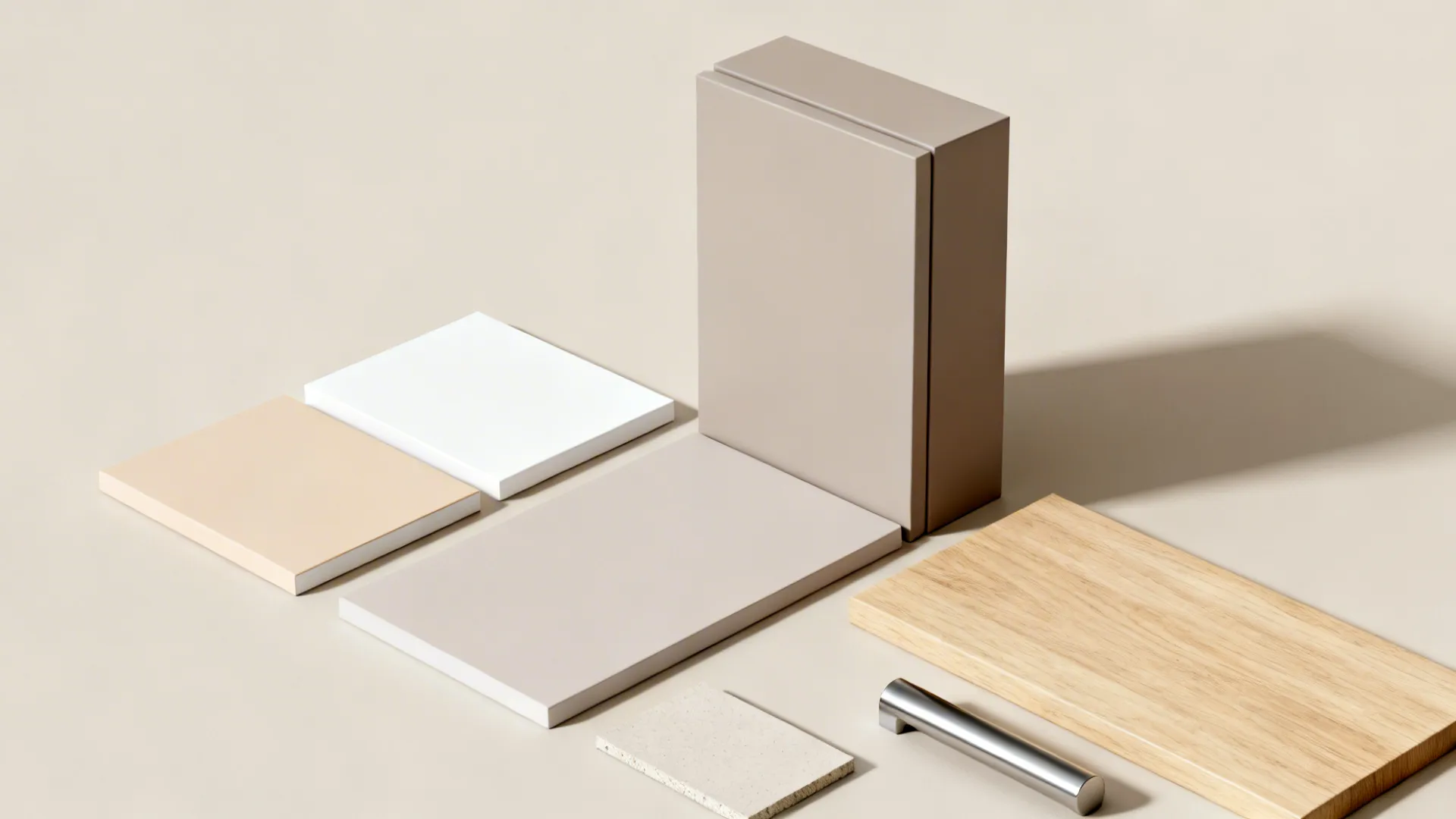 Flat lay of matte warm white, taupe, and deeper neutral finish samples with a brushed pull and oak veneer.