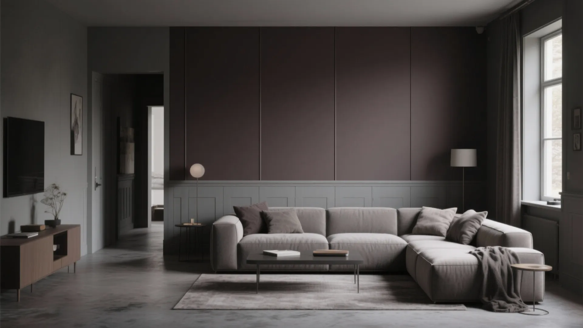 Dark taupe living room with grey wall panel large corner sofa and small coffee table
