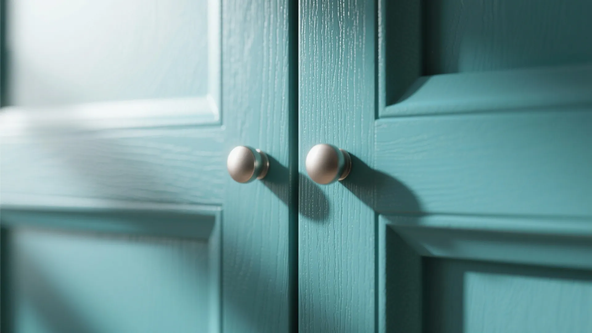 Close up of teal blue kitchen cabinet doors with round silver handles and wood grain texture
