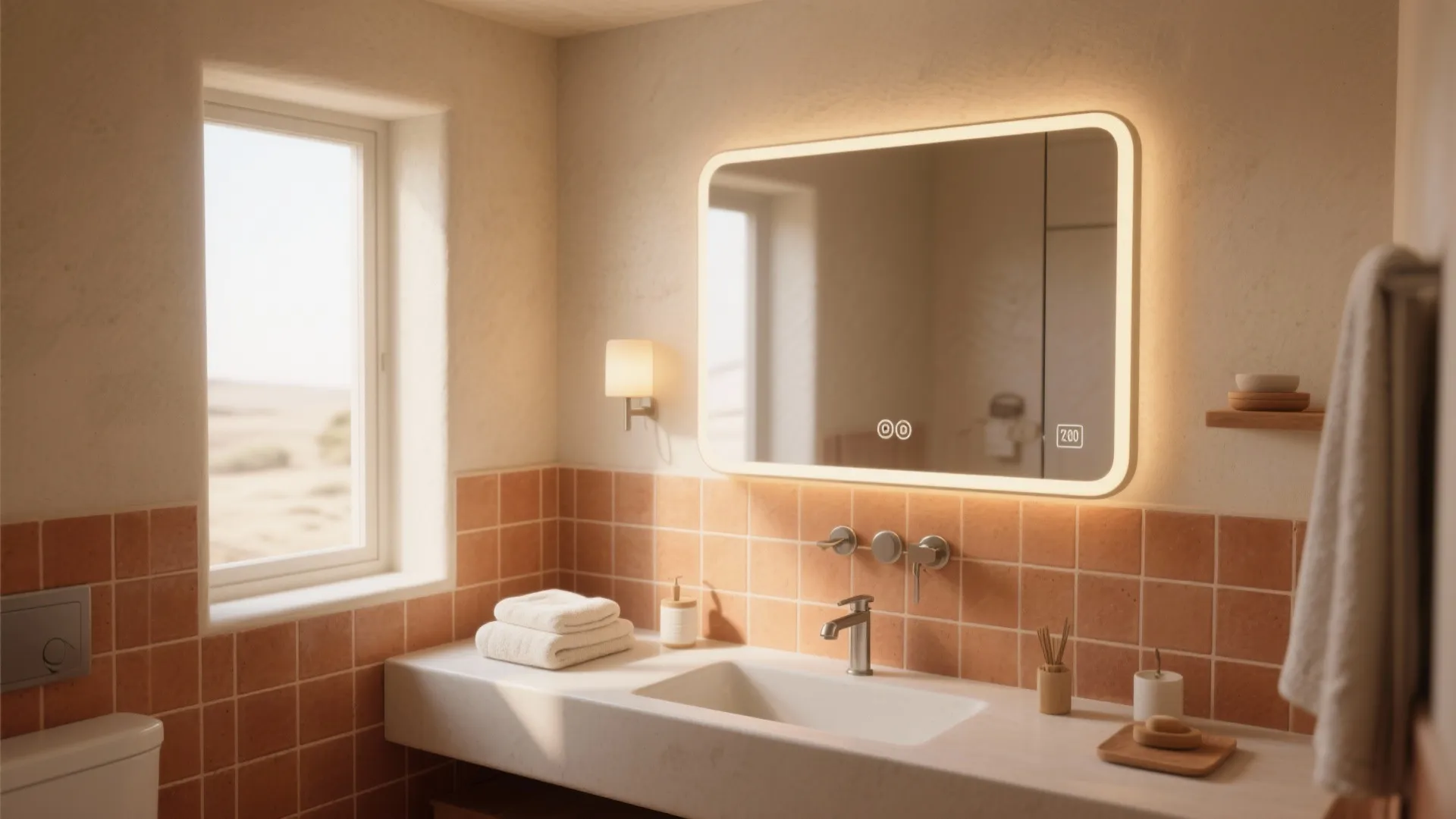 Modern bathroom with orange wall tiles, white stone sink, glowing mirror, and a small window