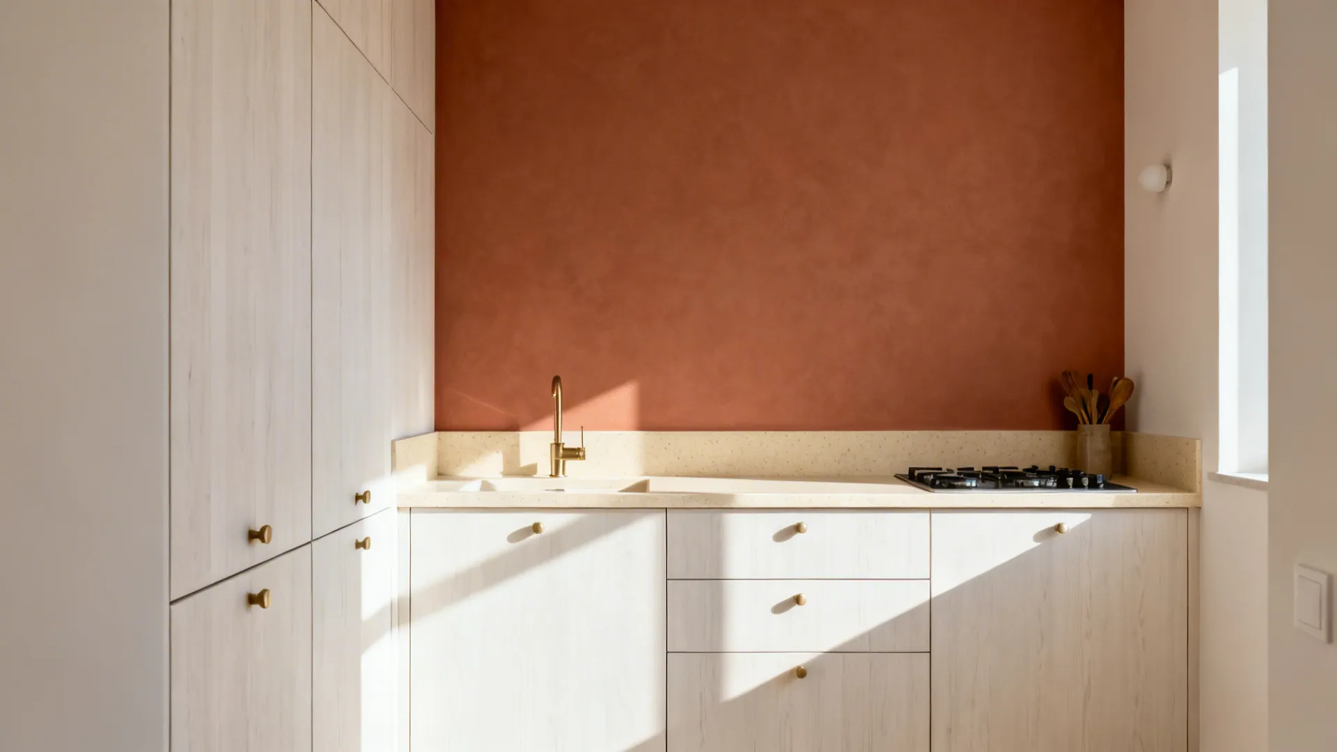 Matte Terracotta Paint with Light Wood Cabinets