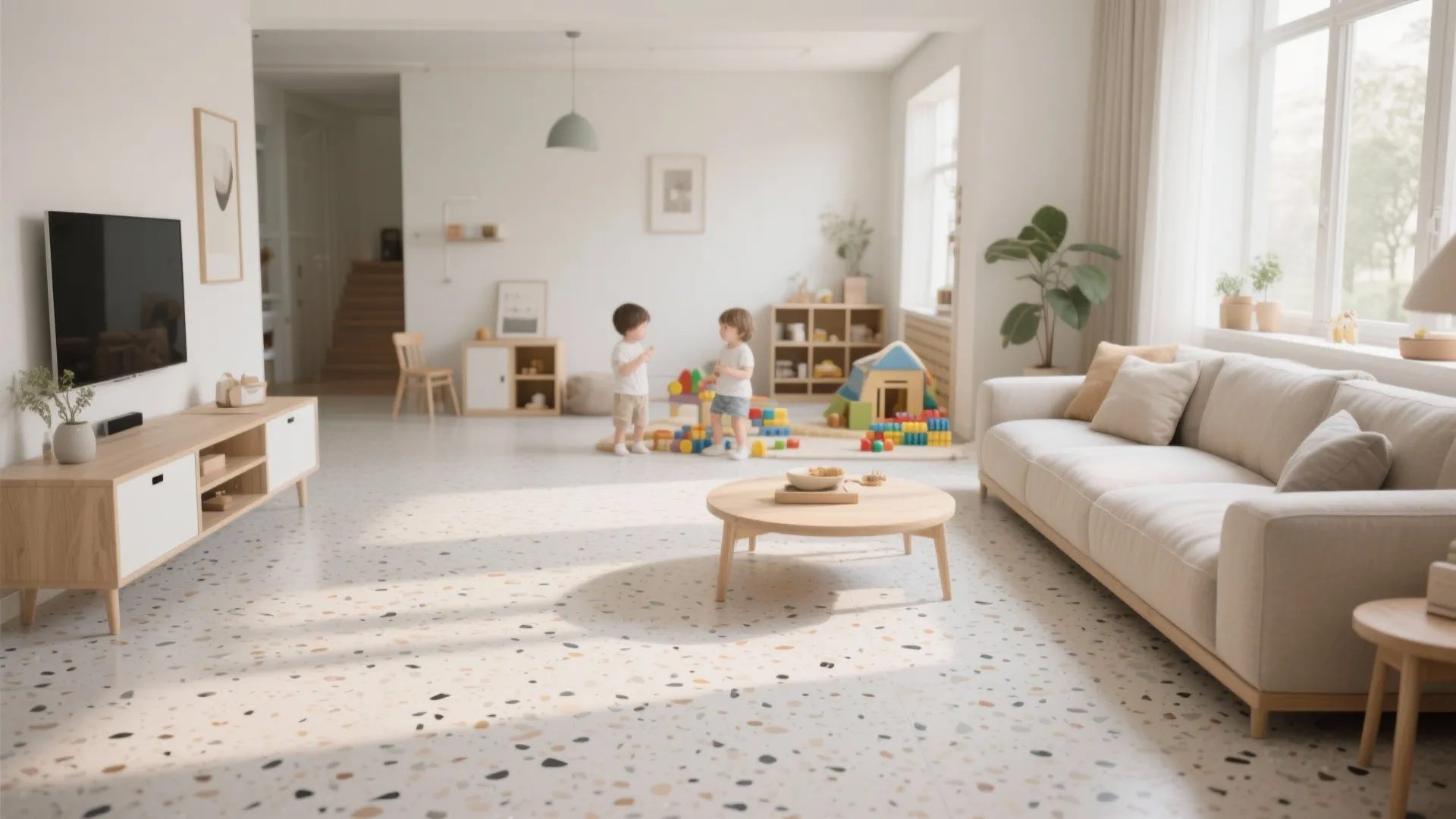Bright living room with terrazzo flooring cream sofa wooden table and kids playing with toys