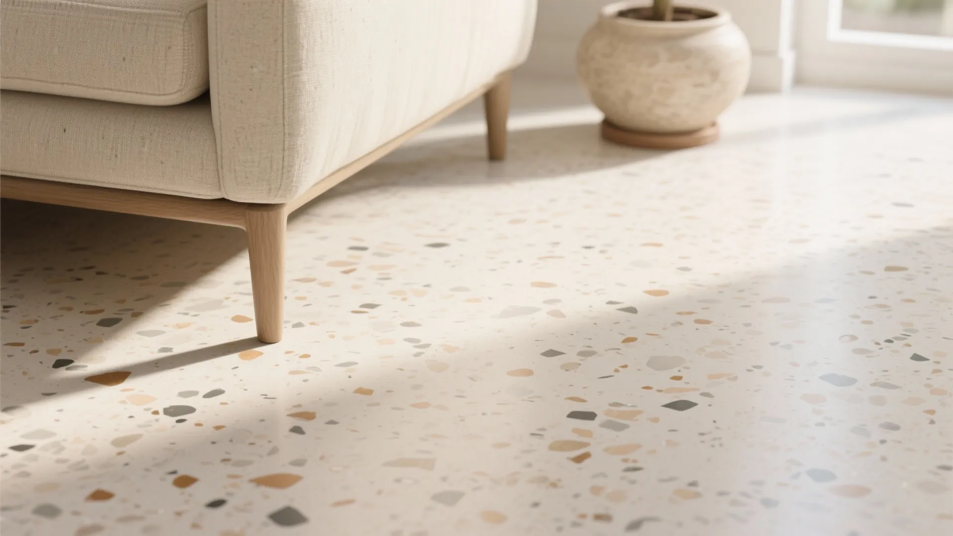 Modern cream sofa with wooden legs on matte terrazzo floor beside a ceramic flower pot