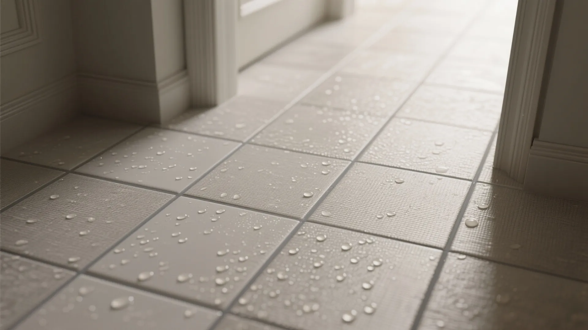 Close up of beige floor tiles with water droplets showing waterproof surface and matte finish