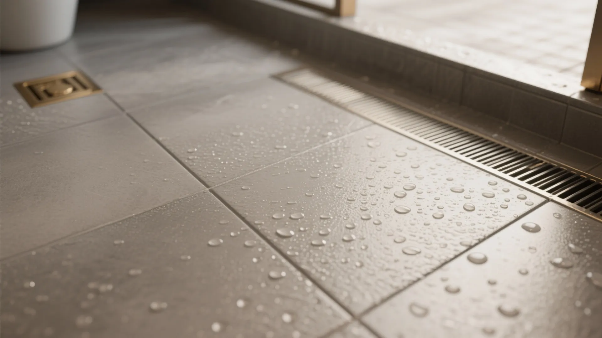 Matte gray bathroom floor tiles with water droplets near a metal drain and bright light