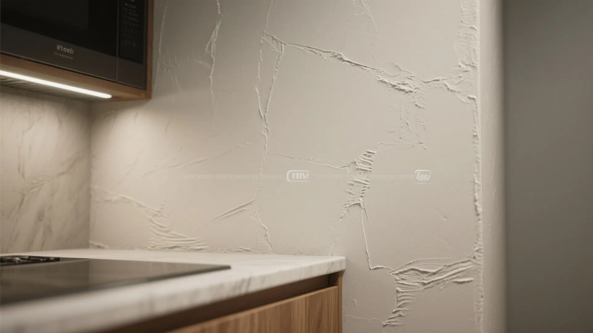 Modern kitchen with textured cream wall panel and marble countertop under soft warm light fixture
