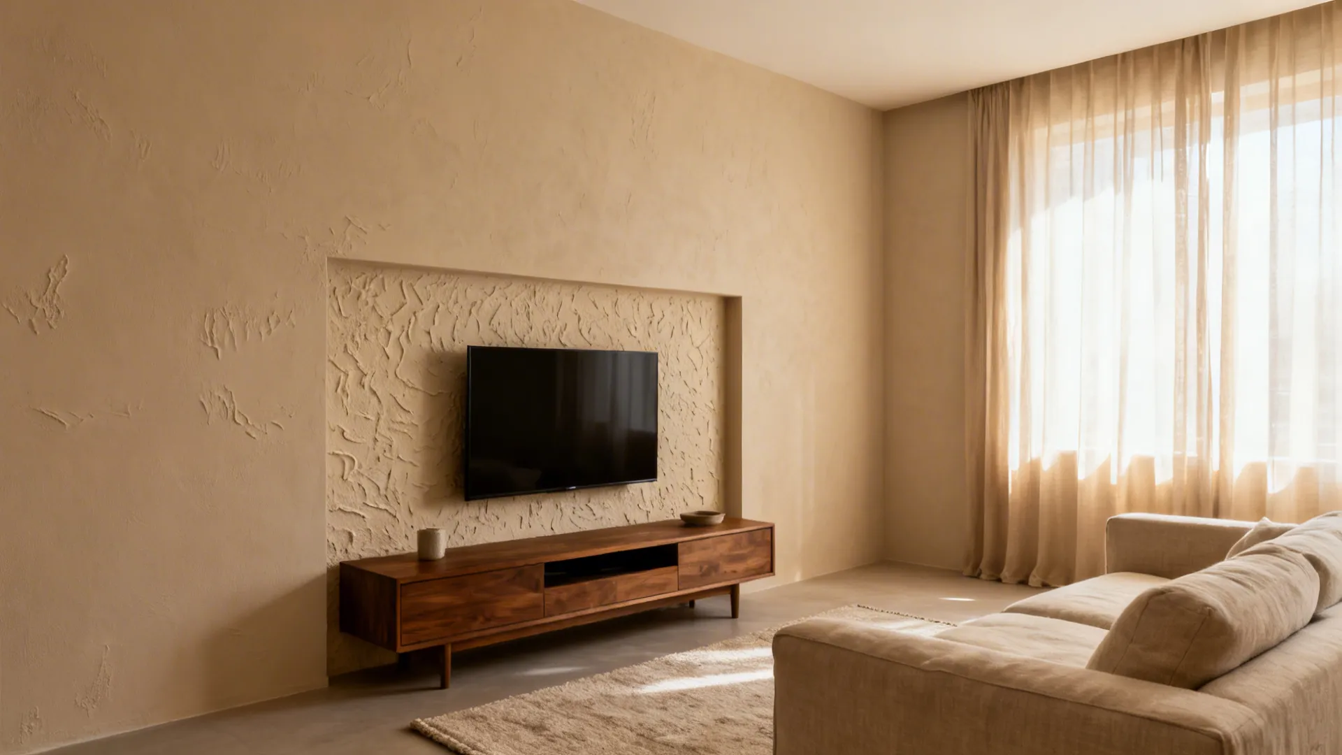 Warm beige matte walls with a subtle textured TV accent panel in a compact living room.