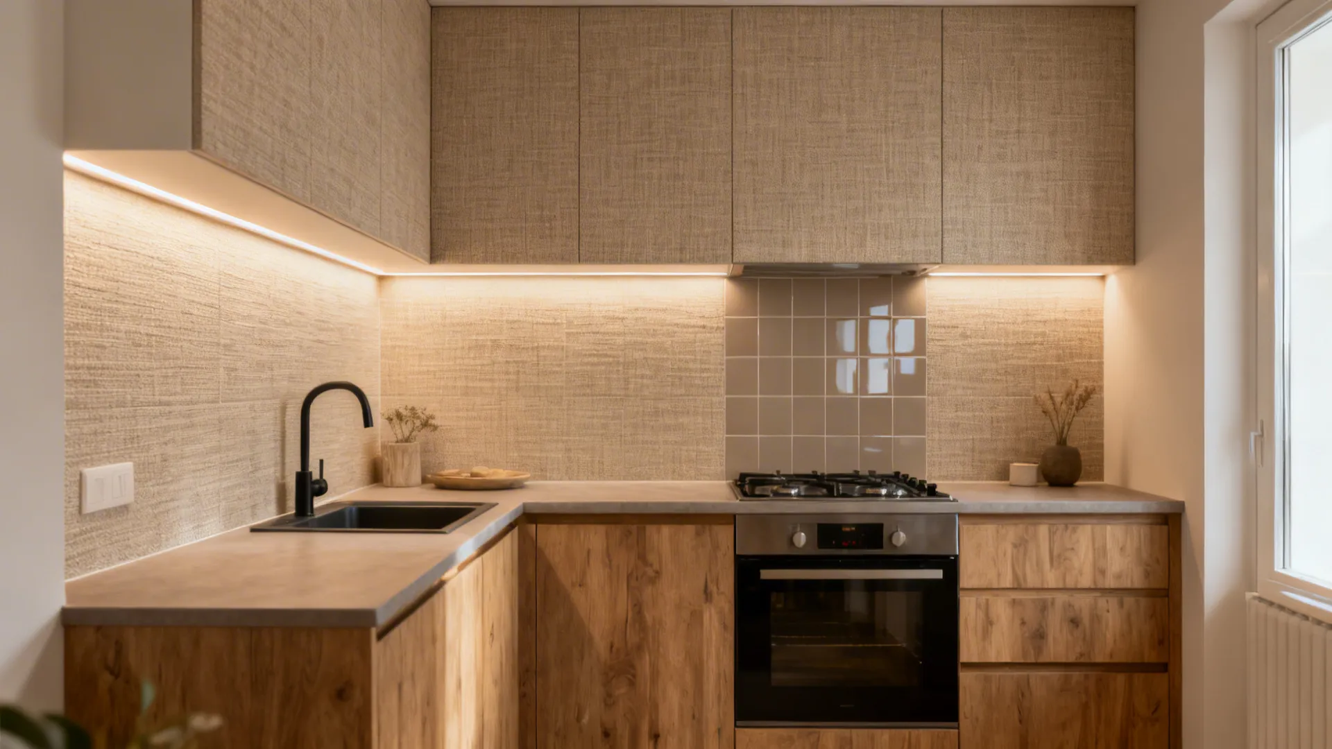 Calm L-shaped kitchen with matte textured linen-weave backsplash tiles and warm lighting.