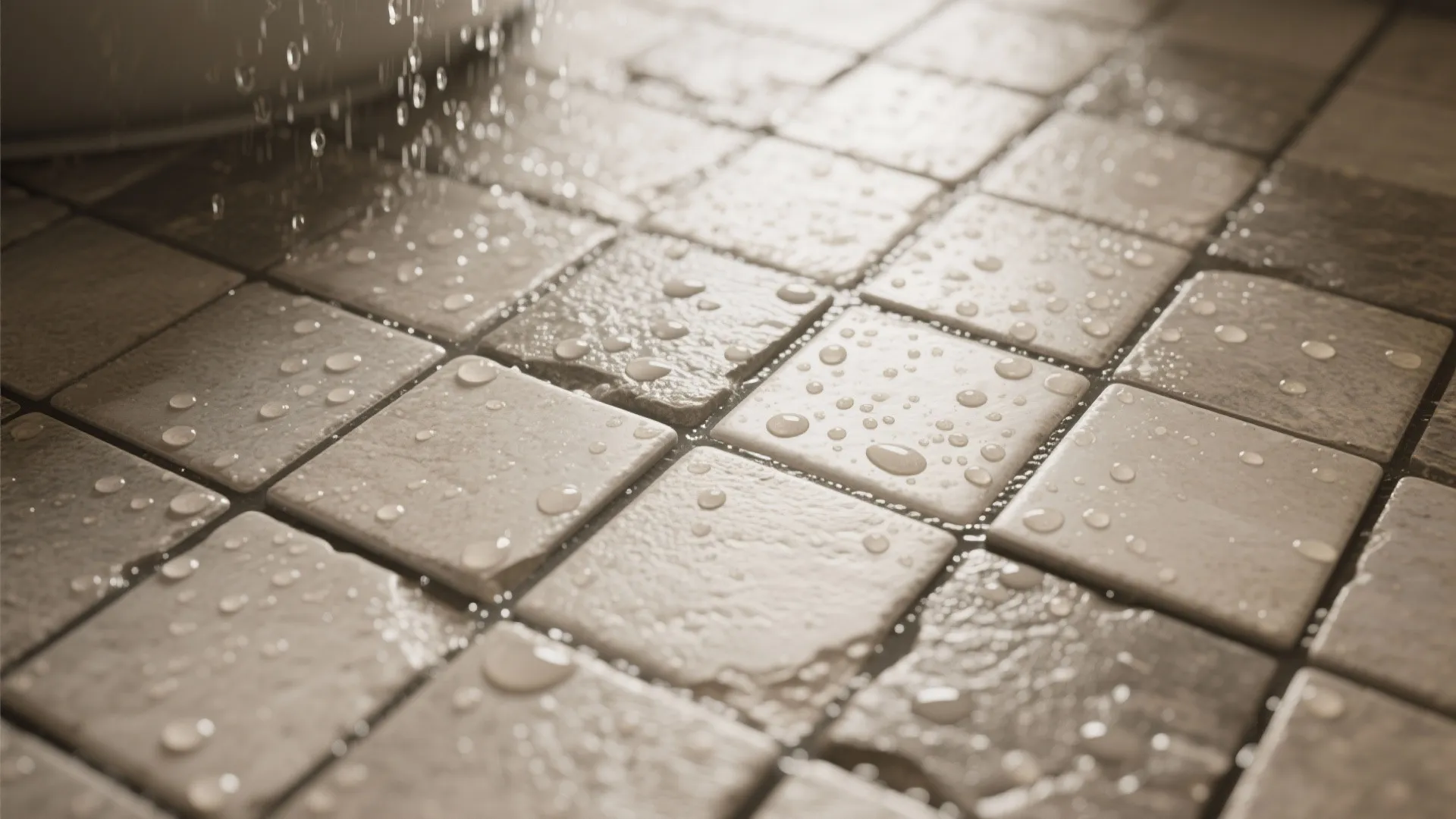 Close up of small square stone floor tiles covered in many clear round water droplets