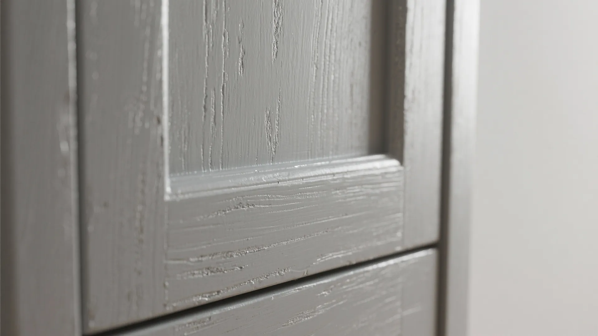 Close up view of a grey wooden cabinet door showing detailed grain texture and matte finish