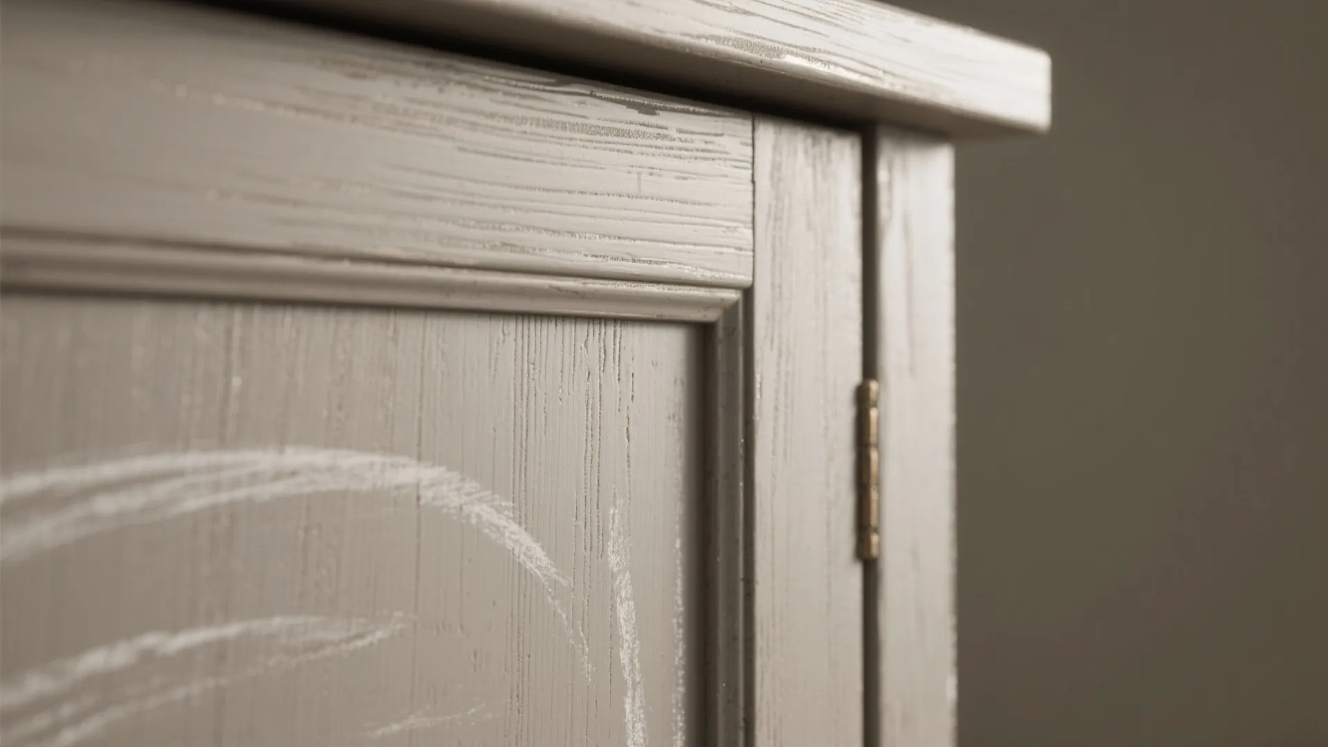 Close-up of warm-gray chalk paint with velvety matte texture and subtle wax sheen.