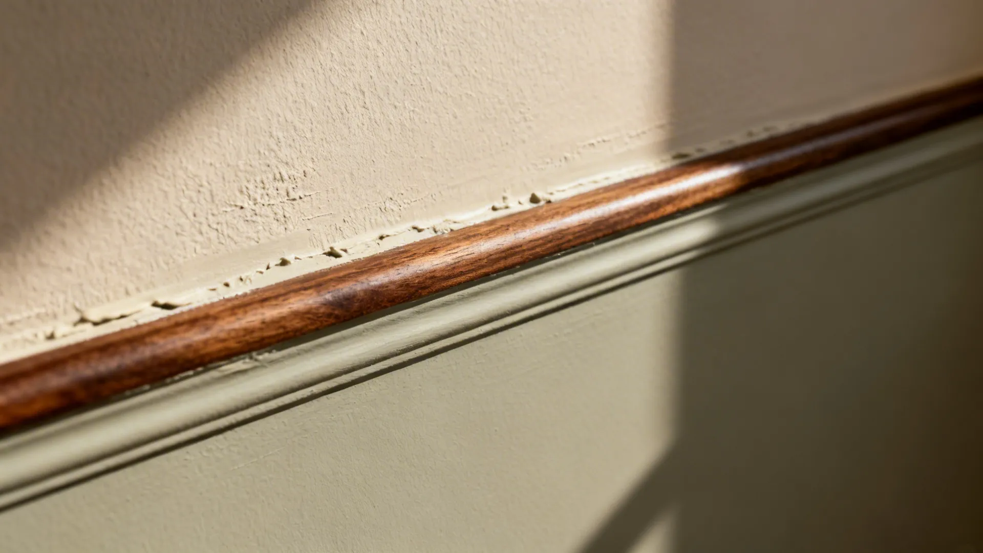 Macro detail of matte greige wall meeting a low-relief textured accent in soft daylight.