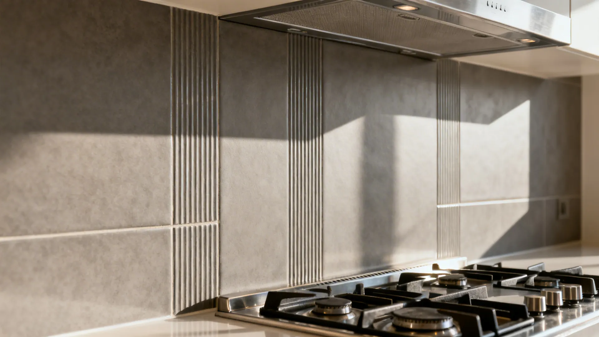 Close-up of warm gray matte ribbed ceramic tiles diffusing light beside a smooth easy-clean panel.