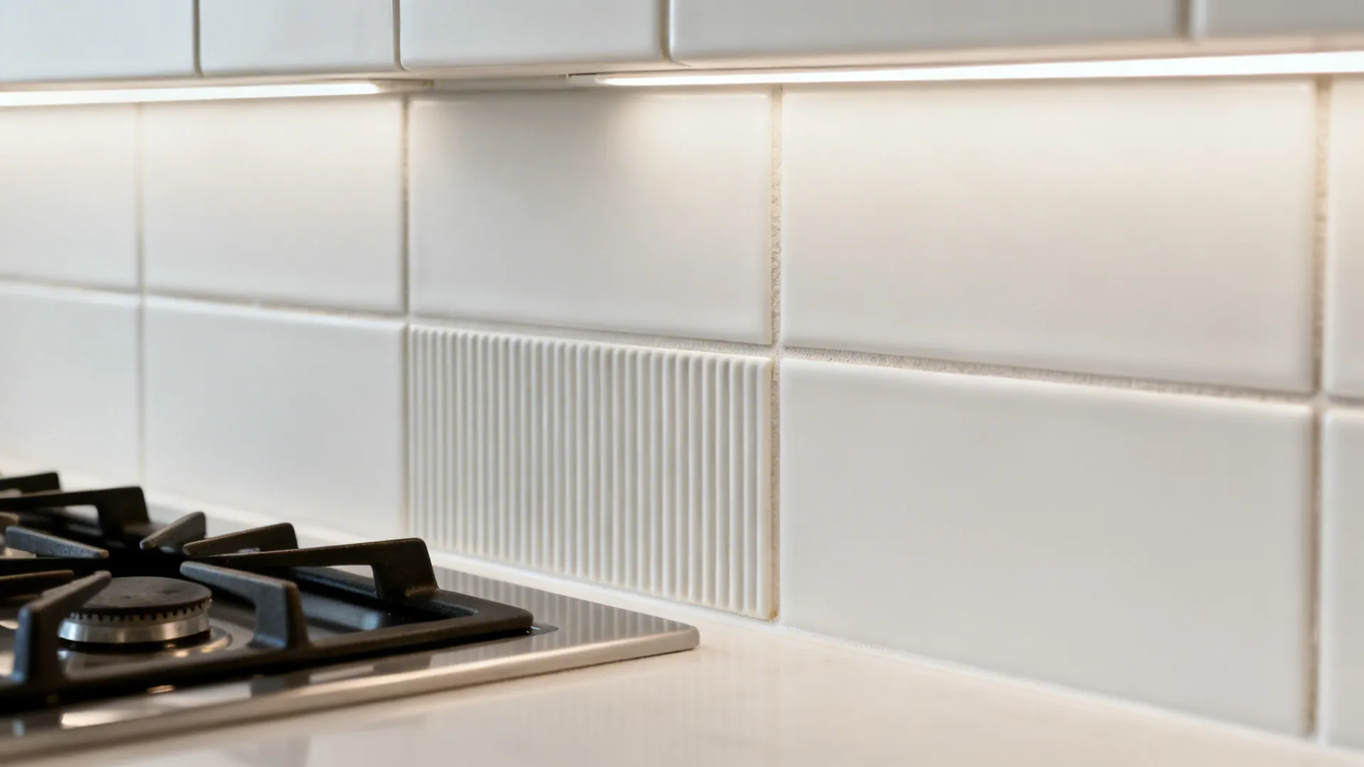 White matte kitchen wall tiles with vertical ridges under cabinet lighting and black gas stove