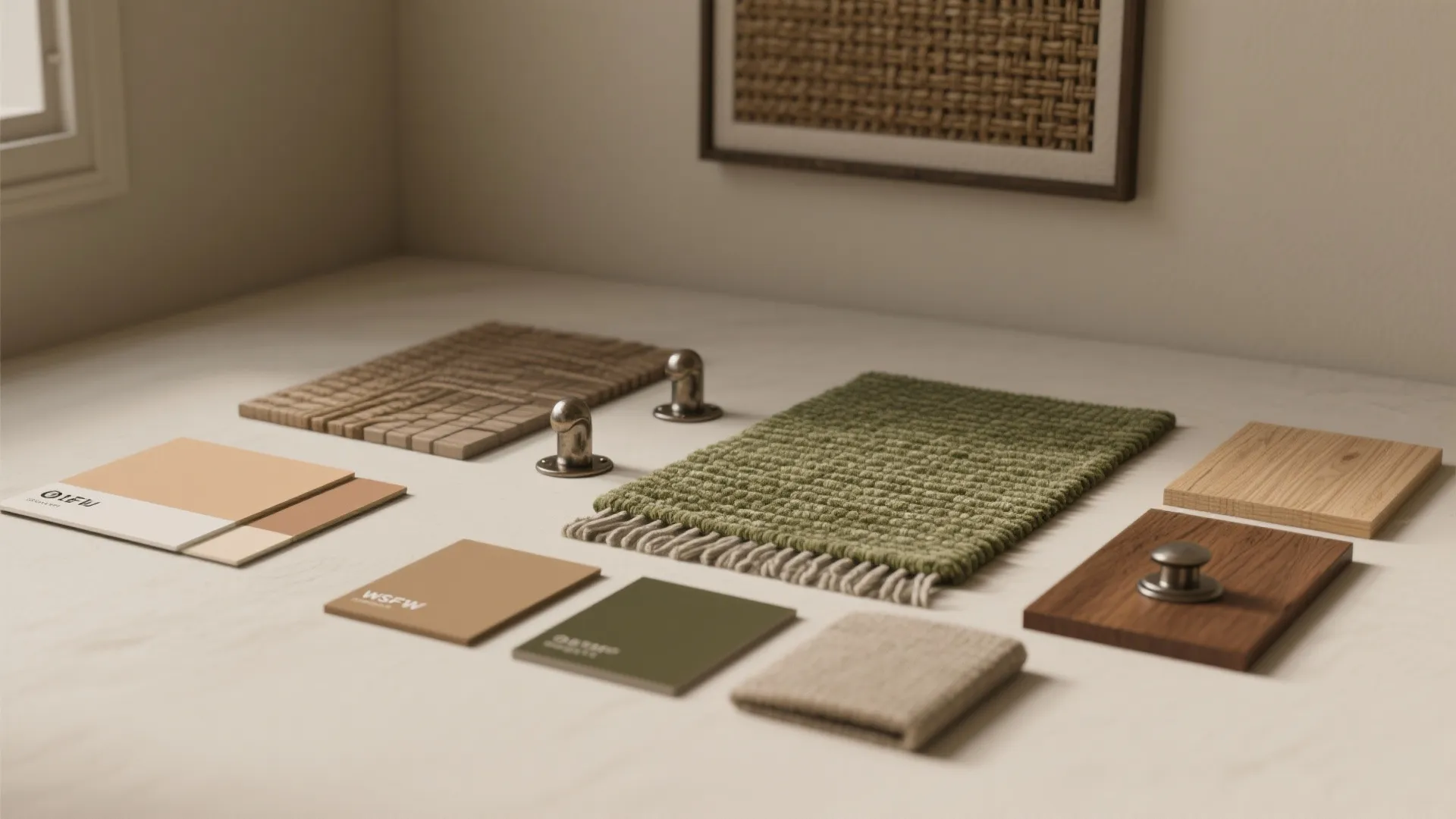 Interior design mood board with green rug wood samples color swatches and metal knobs on table
